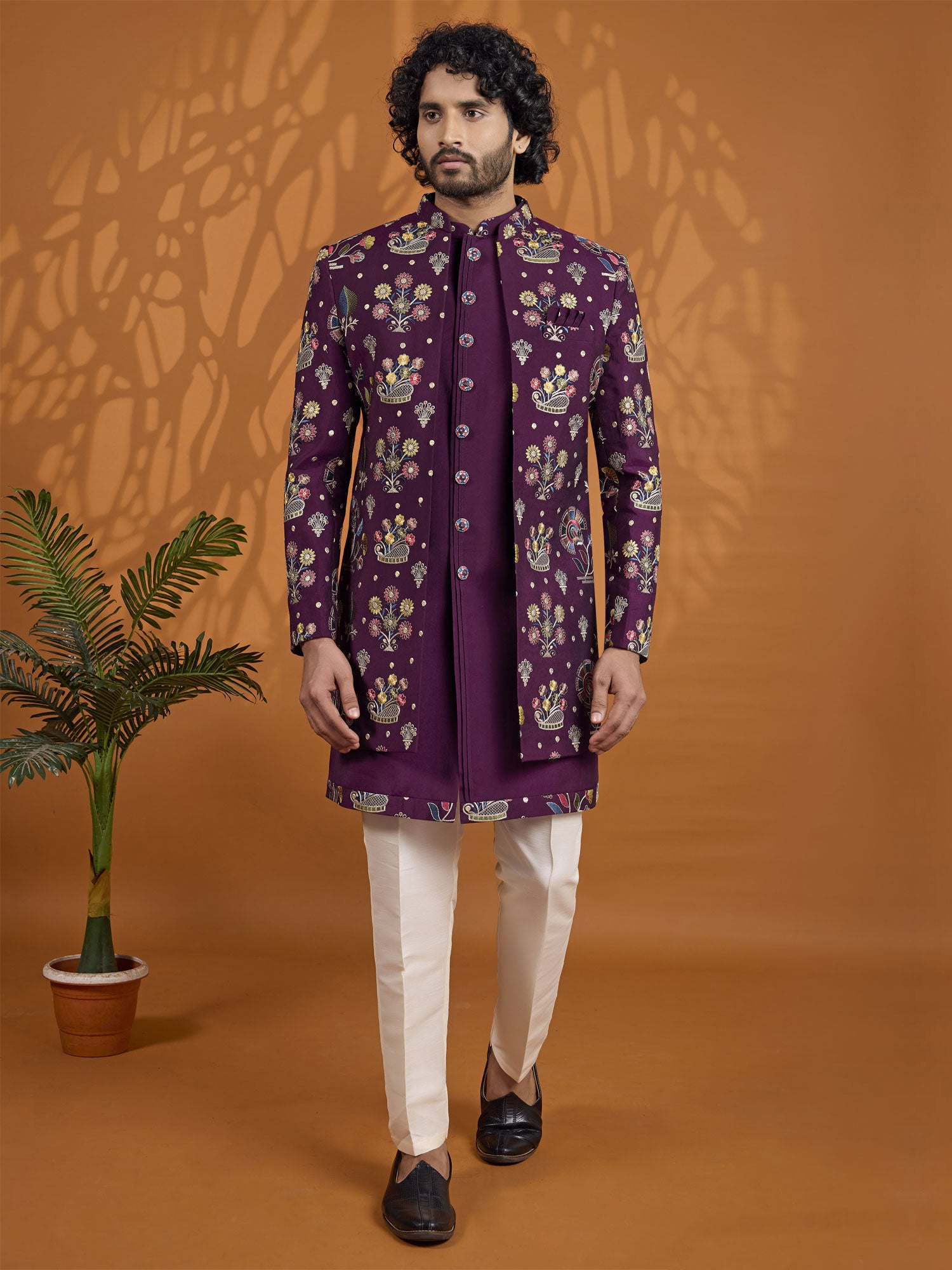 Dark Purple Thread Embellished Indo Western