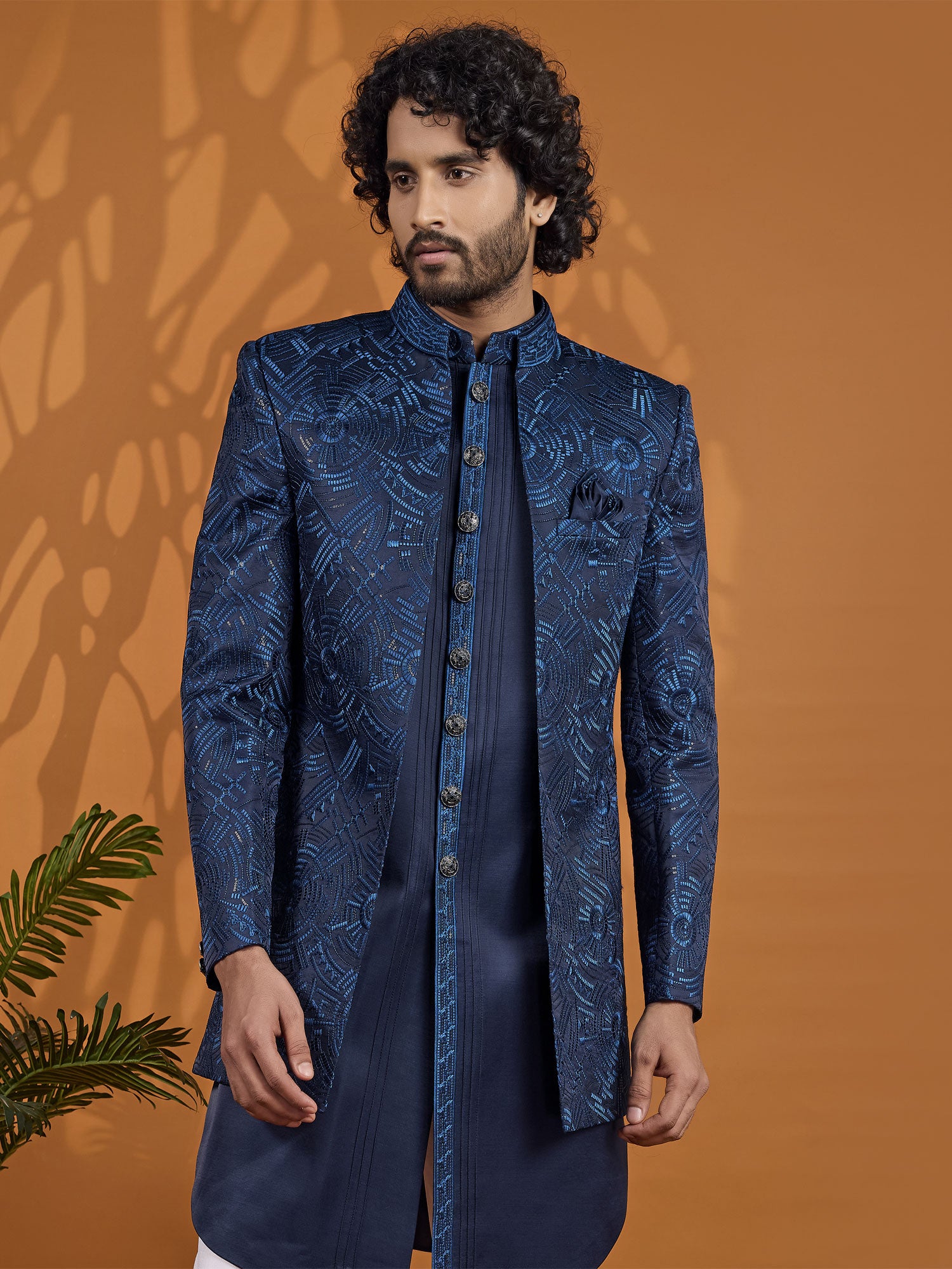 Blue Silk Embroidered Wedding Indo Western
