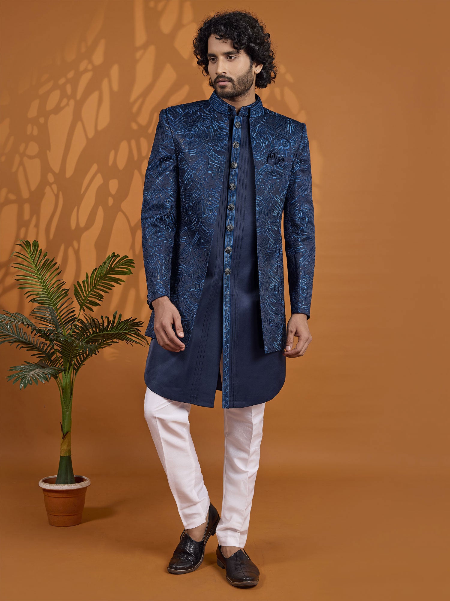 Blue Silk Embroidered Wedding Indo Western