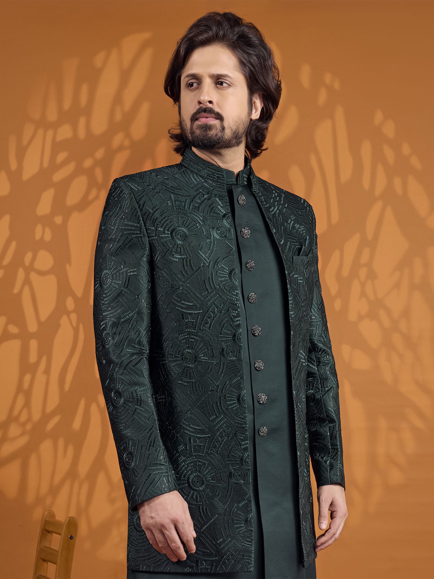 Bottel Green Jacket Style Indowestern In Silk