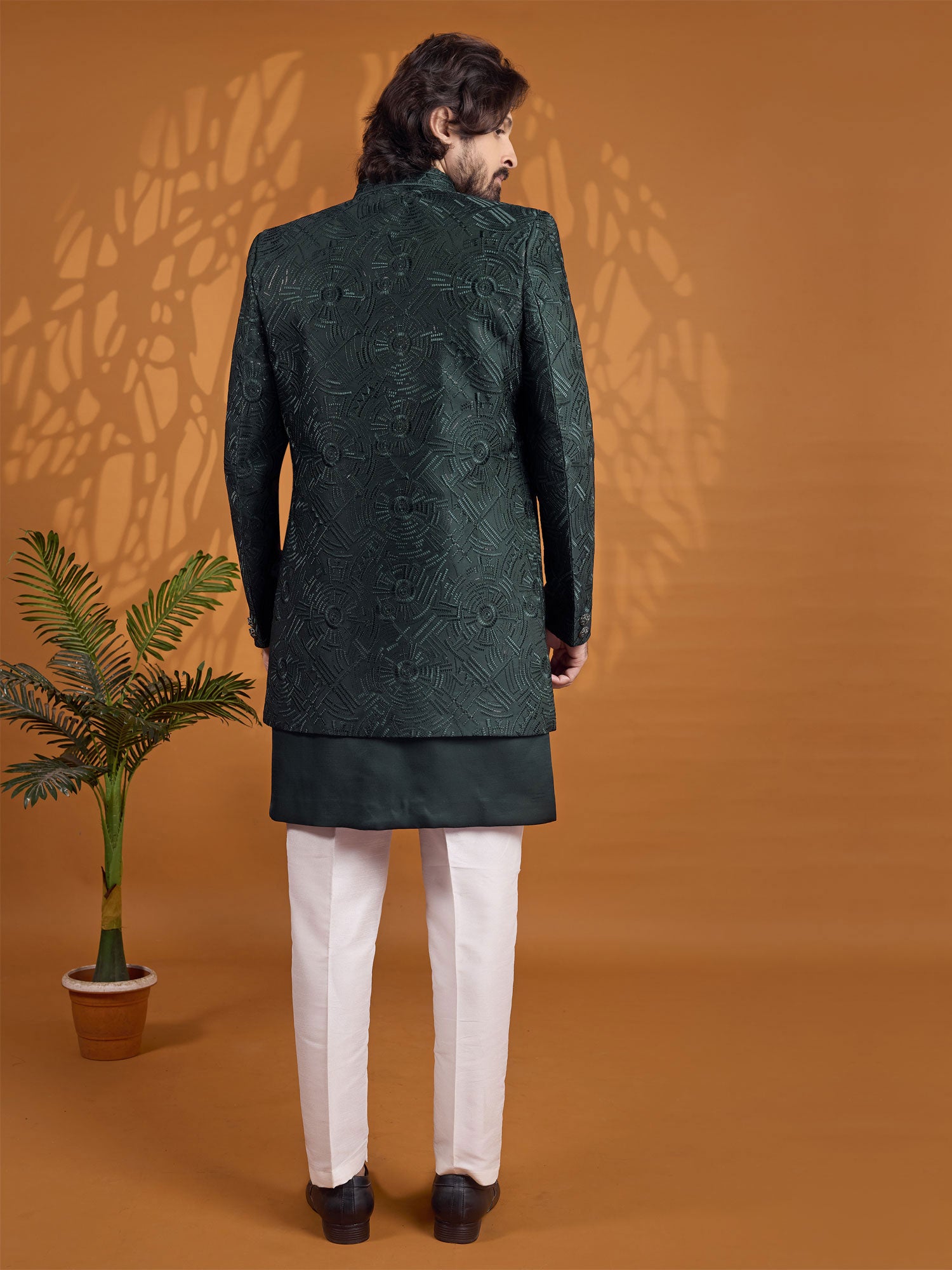 Bottel Green Jacket Style Indowestern In Silk