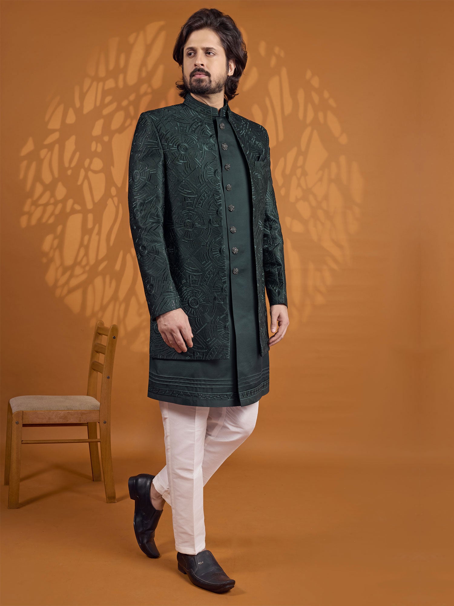 Bottel Green Jacket Style Indowestern In Silk