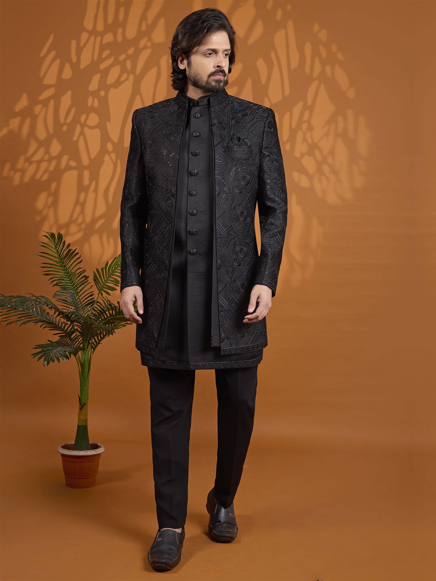 Black Silk Indo Western With Embroidered Jacket