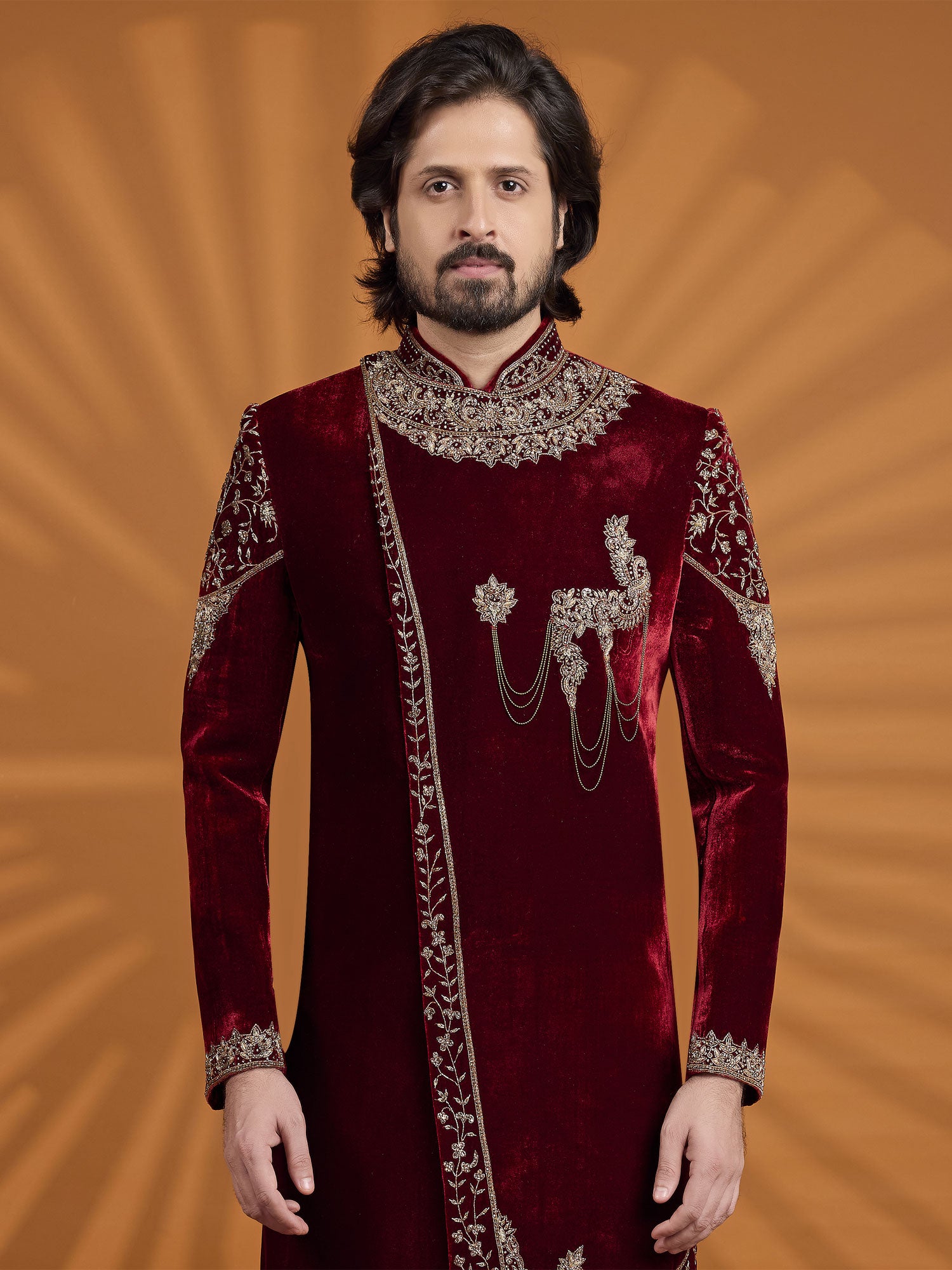 Maroon Zari Work Velvet Sherwani Set