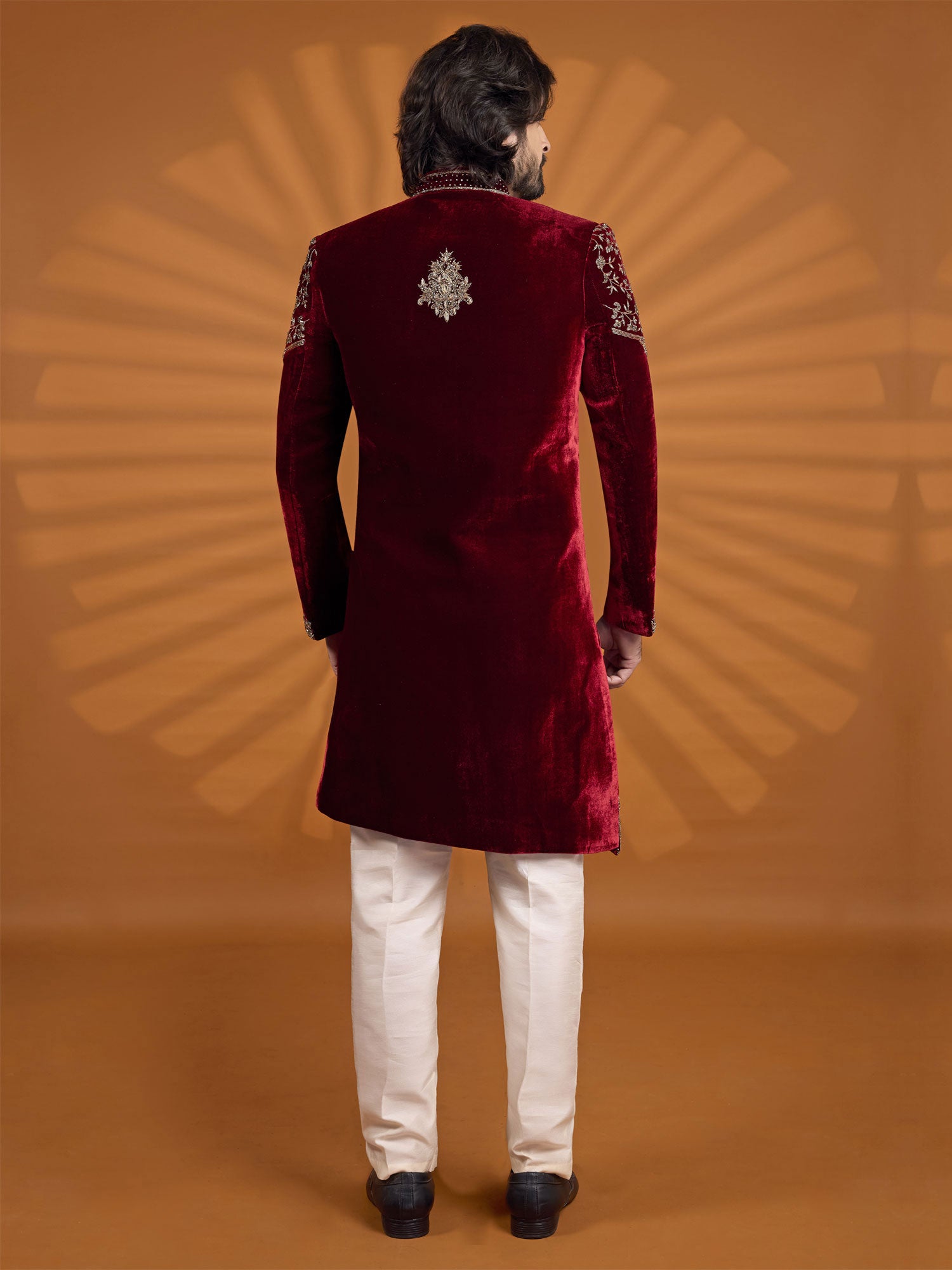 Maroon Zari Work Velvet Sherwani Set