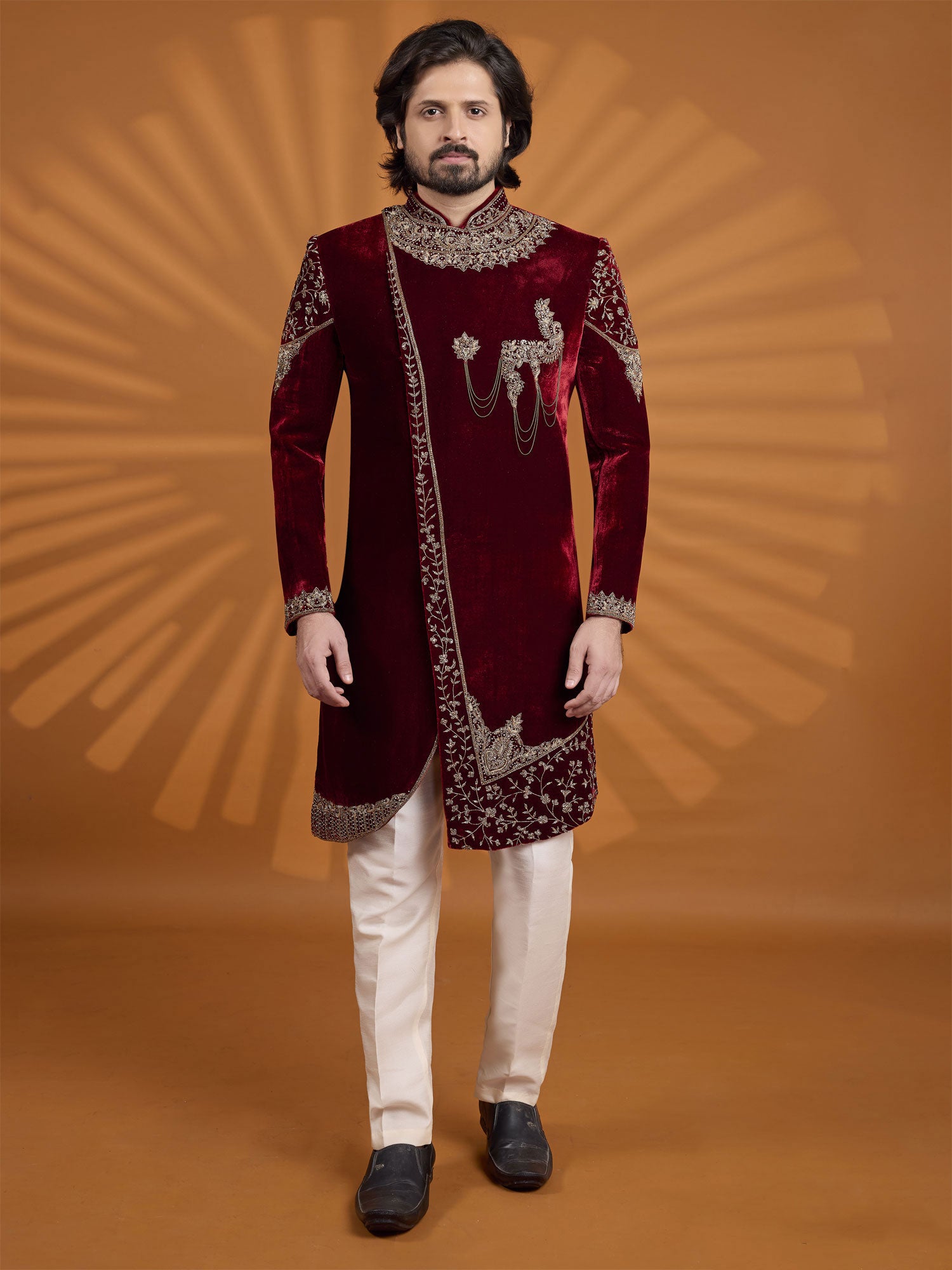Maroon Zari Work Velvet Sherwani Set