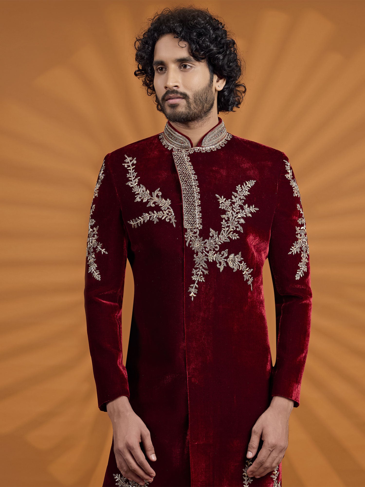 Maroon Sequins Embellished Groom's Sherwani