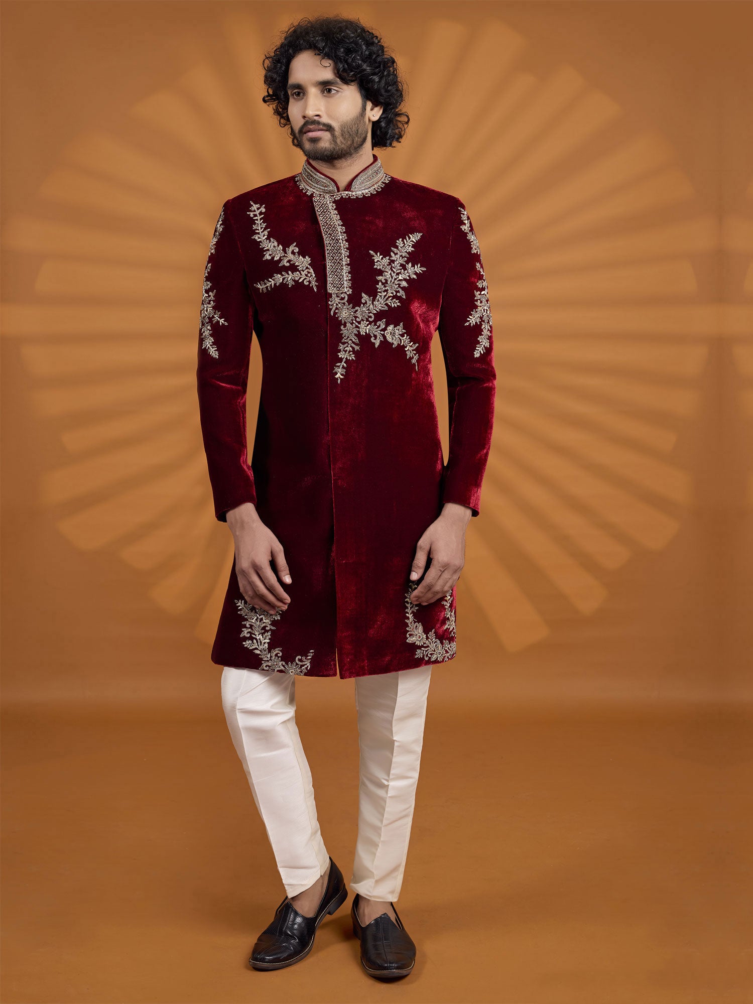 Maroon Sequins Embellished Groom's Sherwani