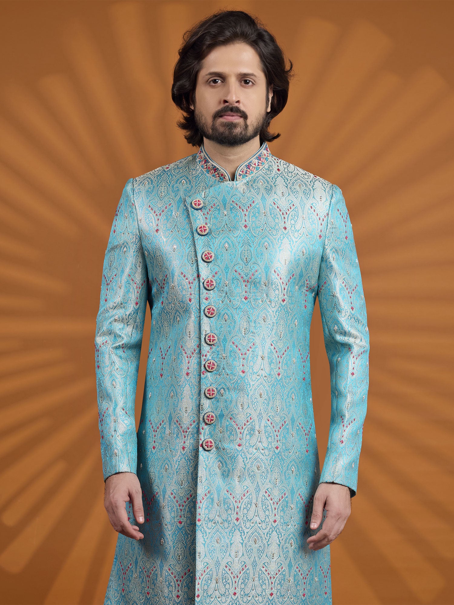 Sky Blue Floral Work Wedding Sherwani