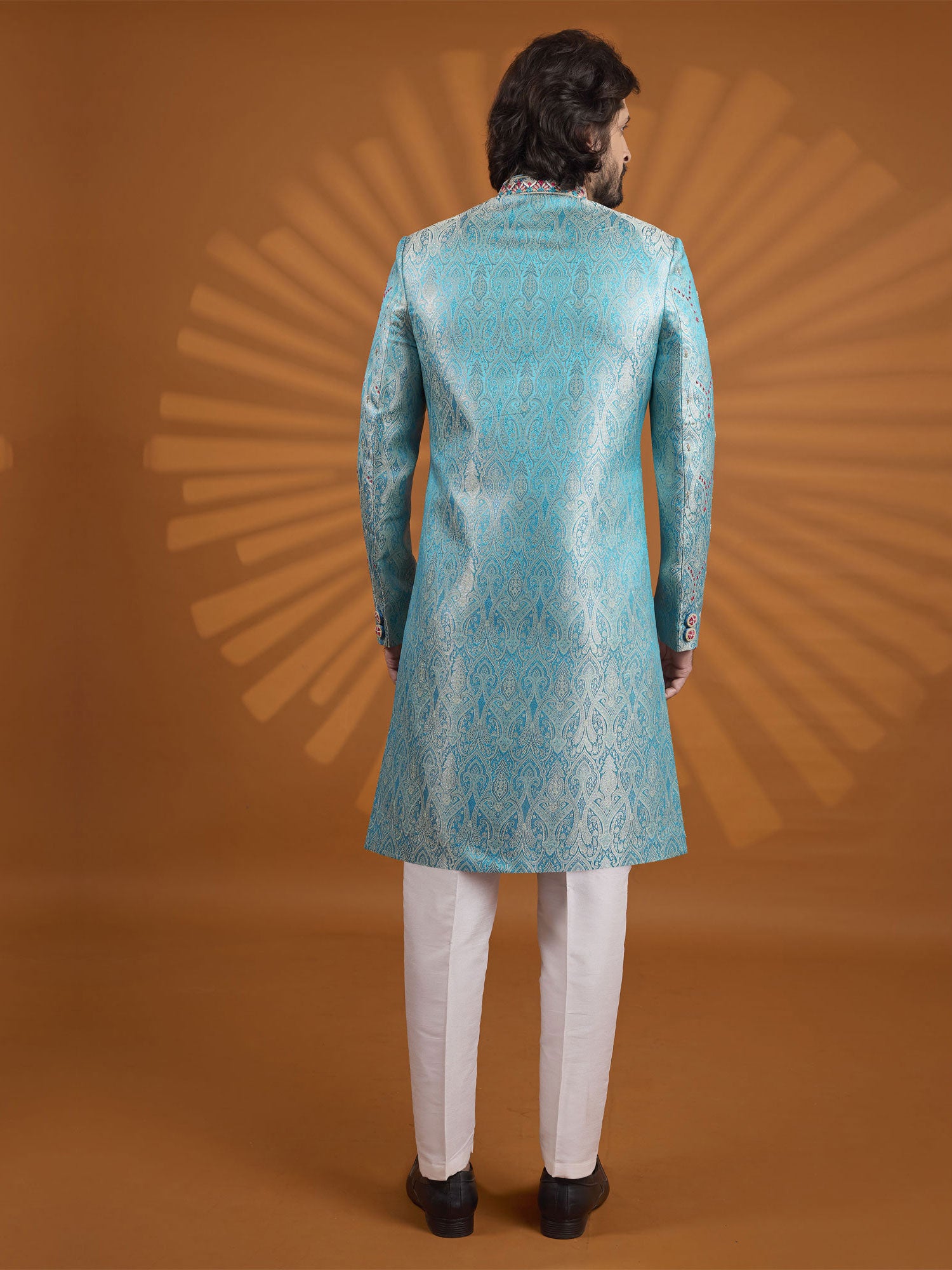 Sky Blue Floral Work Wedding Sherwani