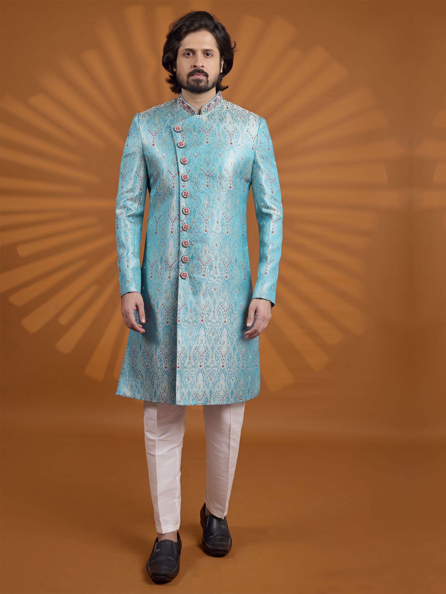 Sky Blue Floral Work Wedding Sherwani