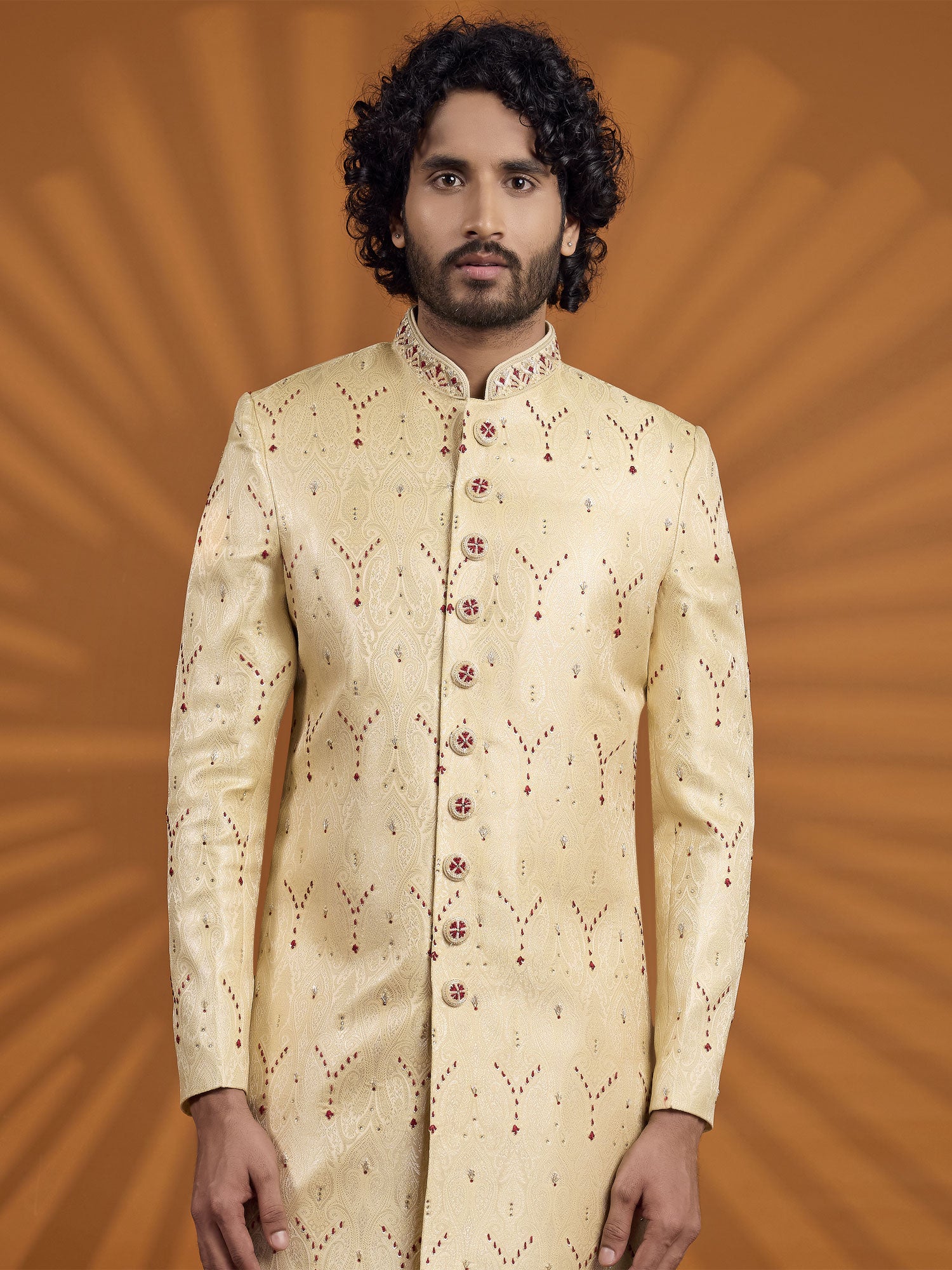 Golden Menswear Embroidered Sherwani In Silk