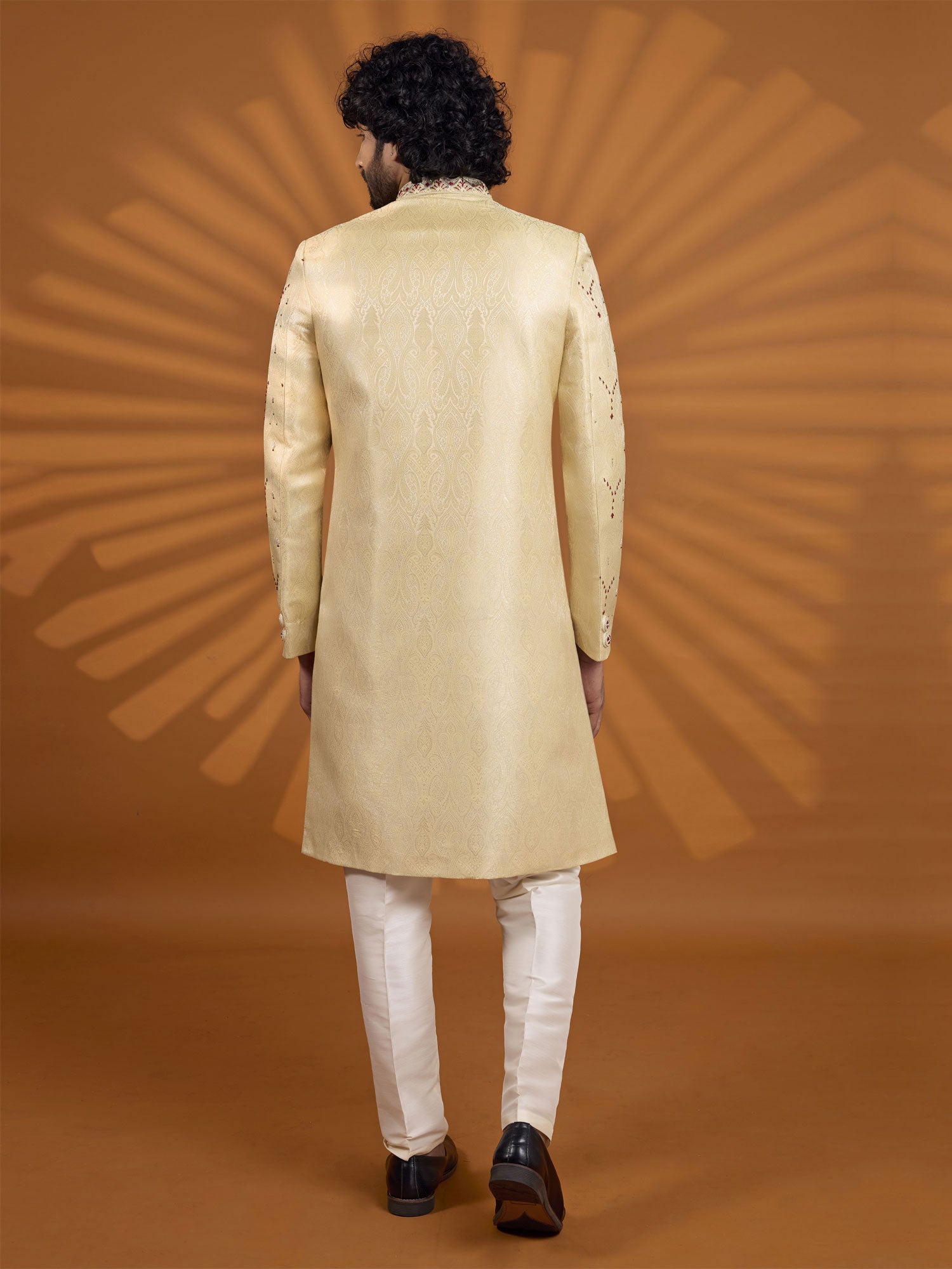 Golden Menswear Embroidered Sherwani In Silk