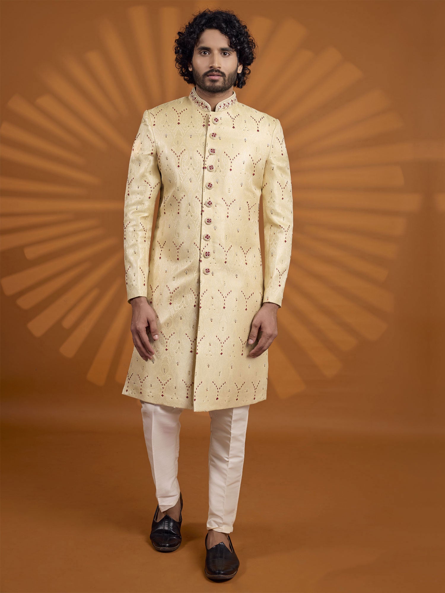 Golden Menswear Embroidered Sherwani In Silk