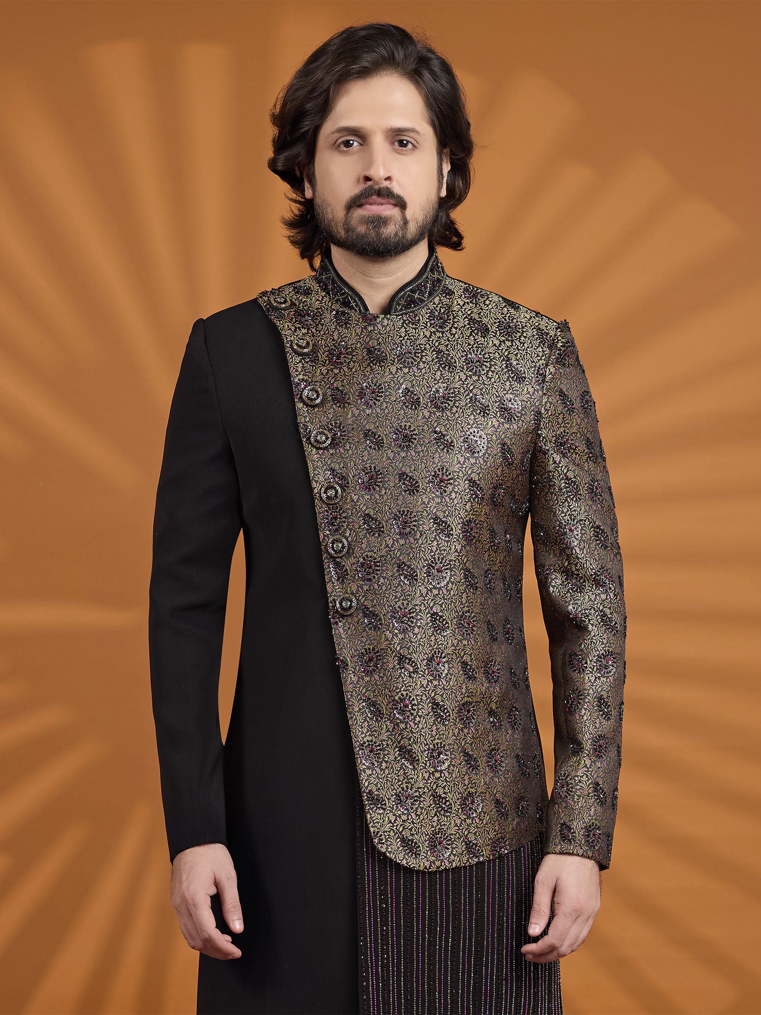 Black Layered Style Sherwani For Mens