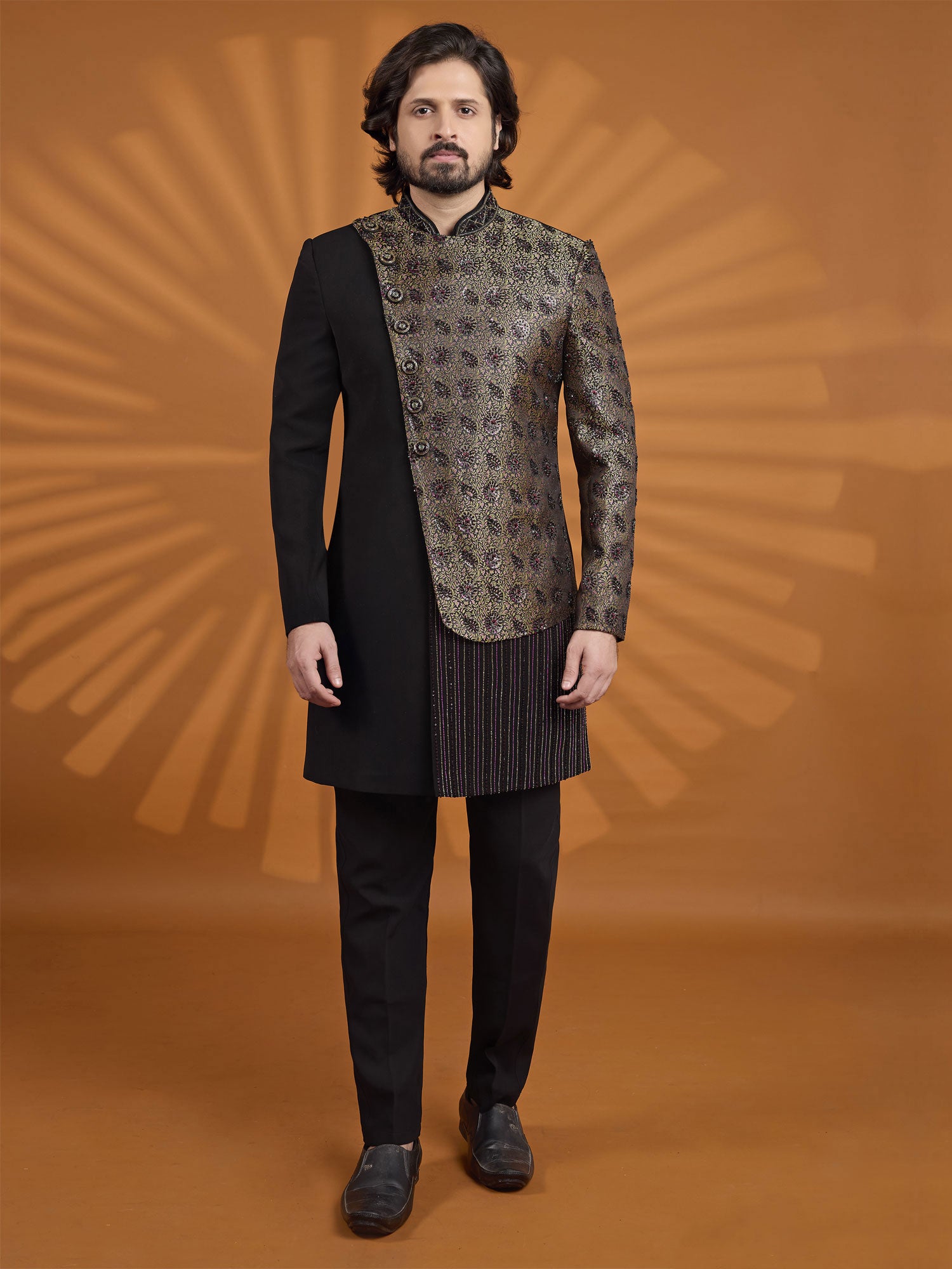 Black Layered Style Sherwani For Mens
