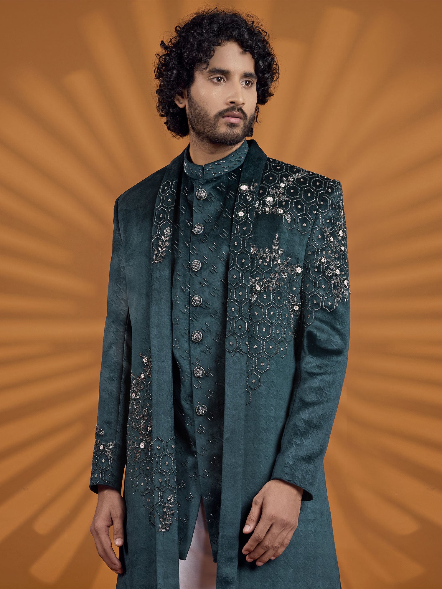 Teal Green Velvet Sherwani Set With Jacket