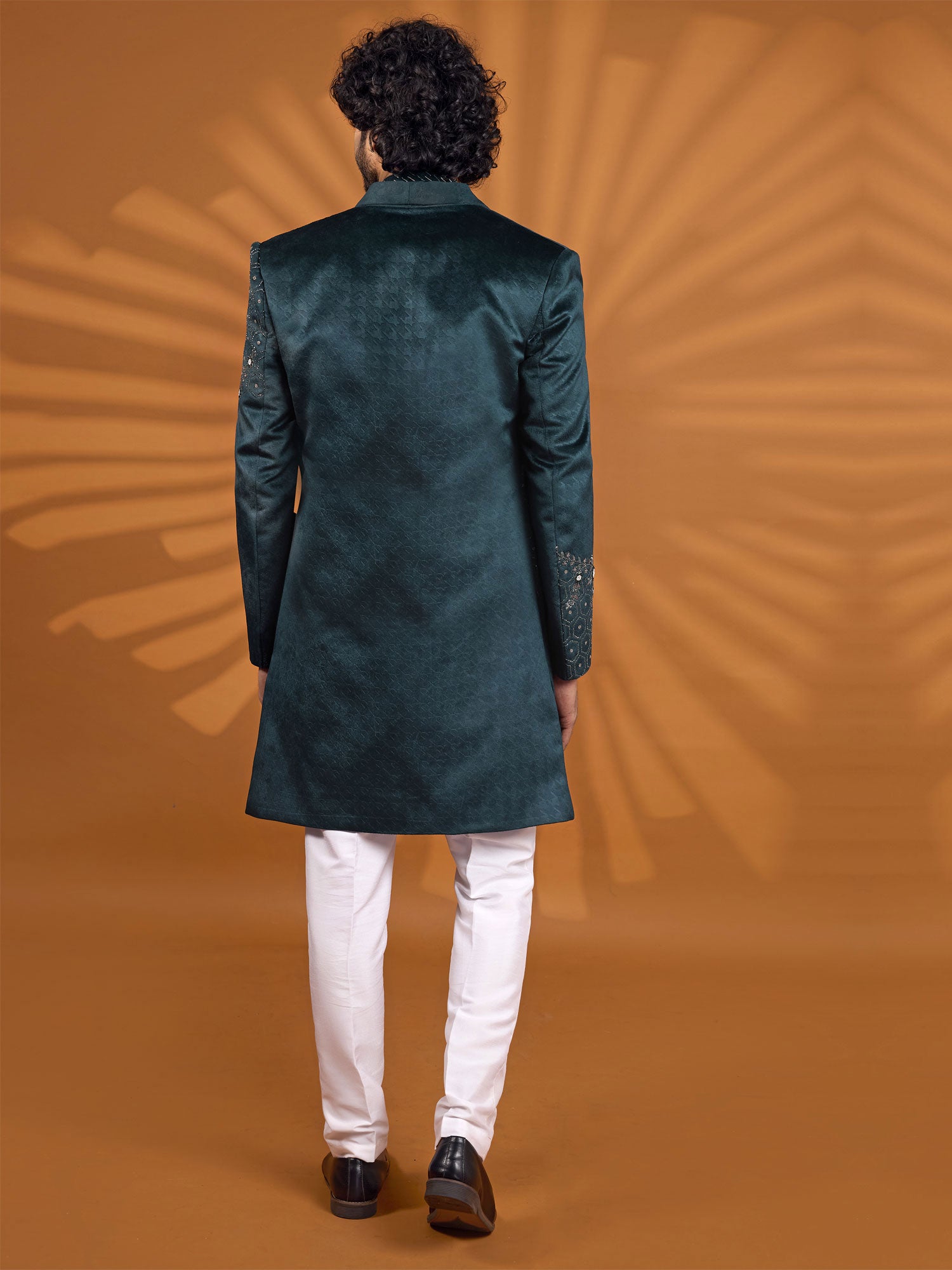 Teal Green Velvet Sherwani Set With Jacket
