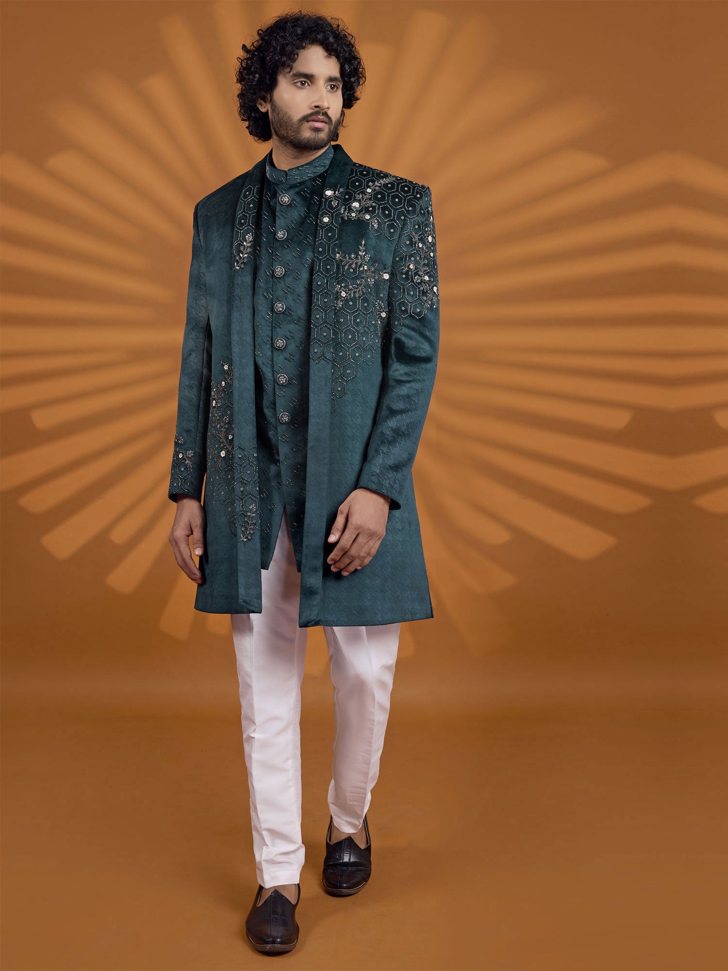 Teal Green Velvet Sherwani Set With Jacket