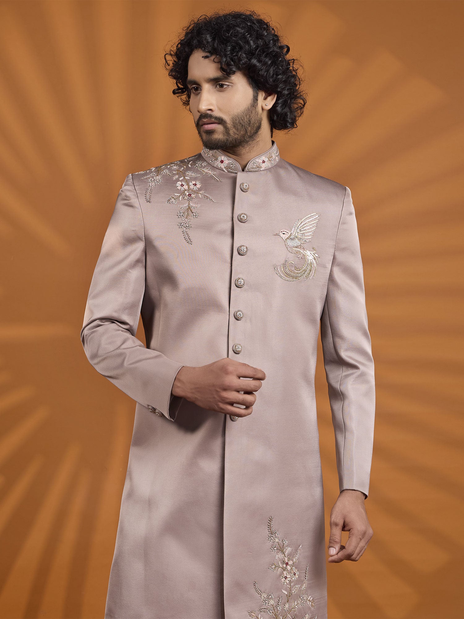 Mauve Men's Sherwani In Floral Embellishments