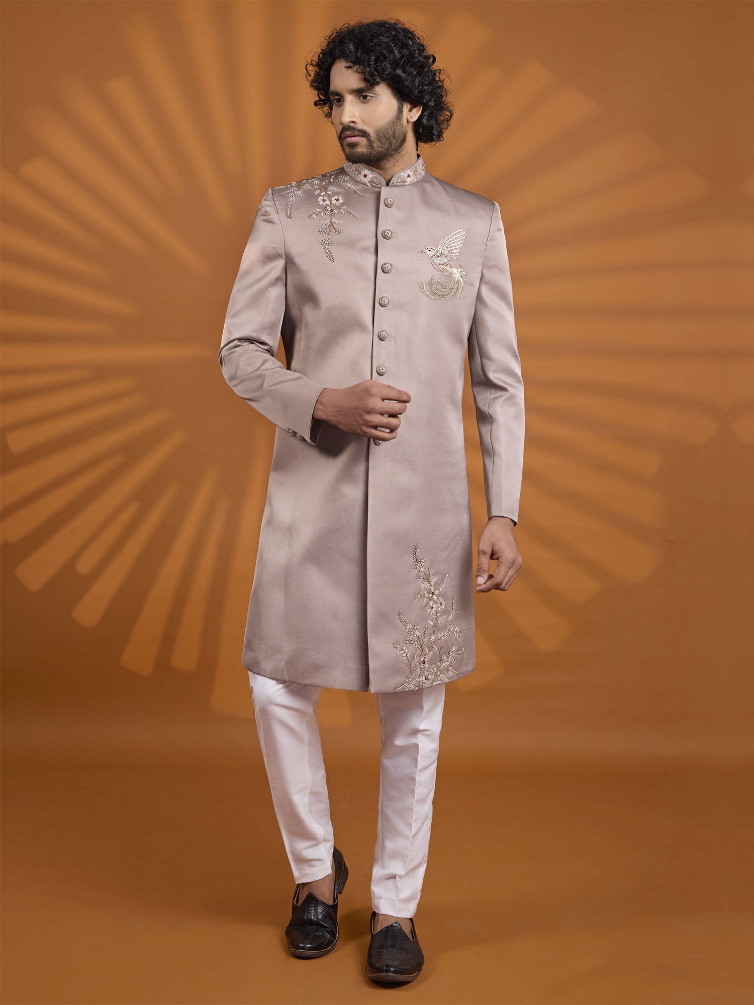 Mauve Men's Sherwani In Floral Embellishments