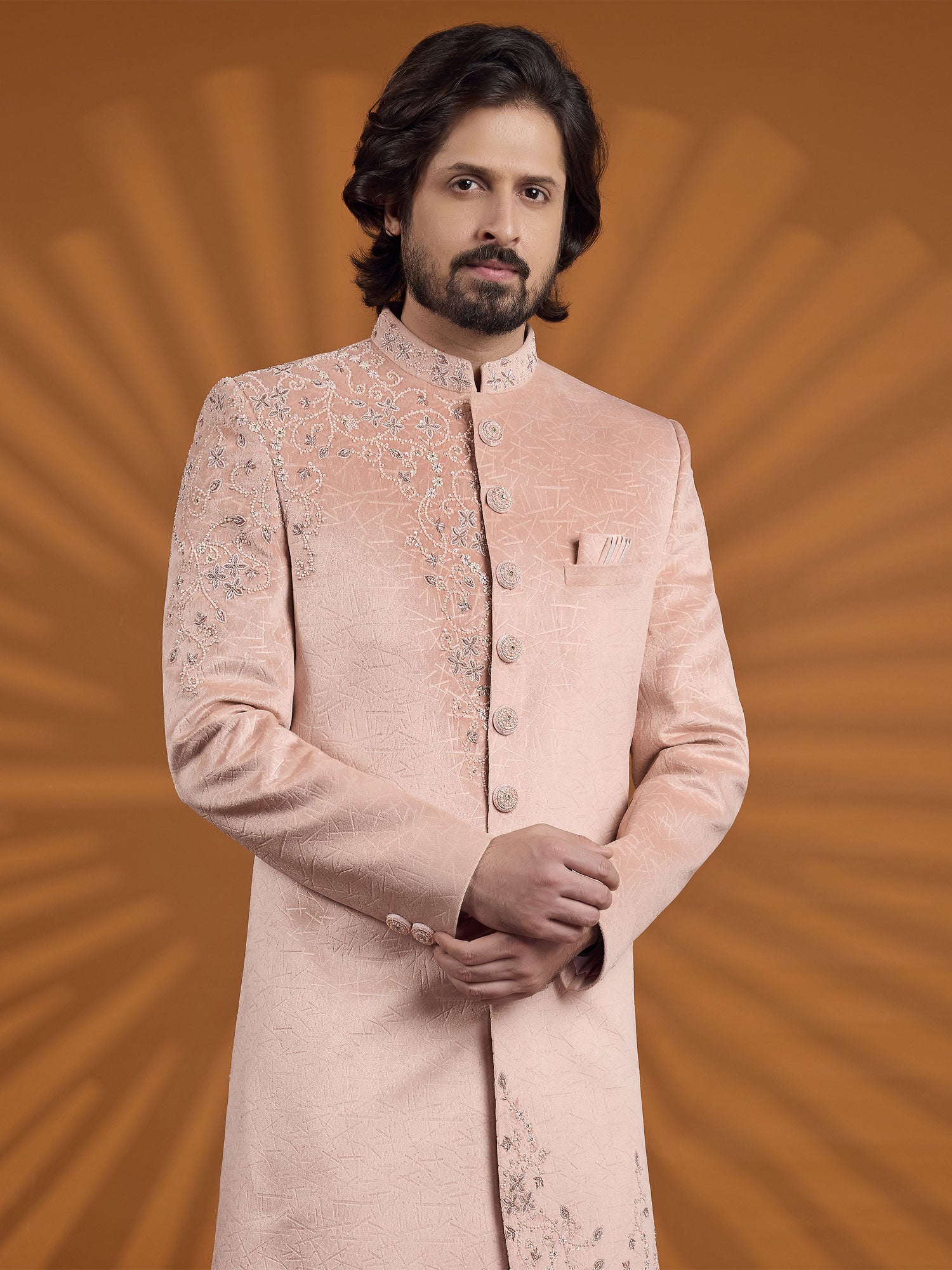 Pink Floral Work Sherwani In Velvet For Mens