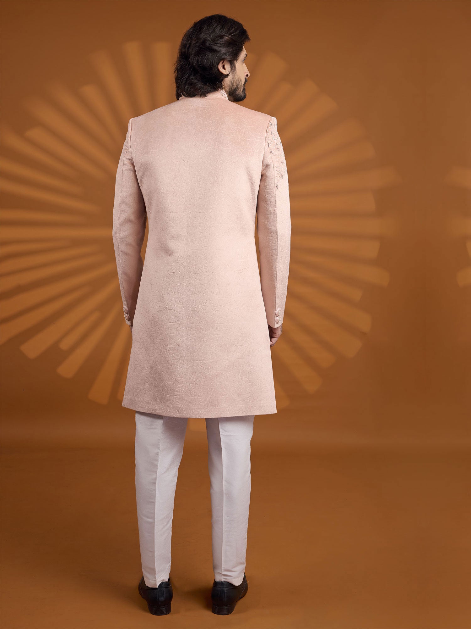 Pink Floral Work Sherwani In Velvet For Mens