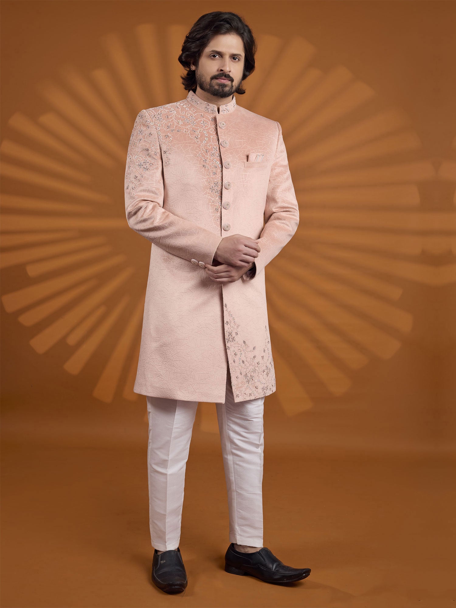 Pink Floral Work Sherwani In Velvet For Mens