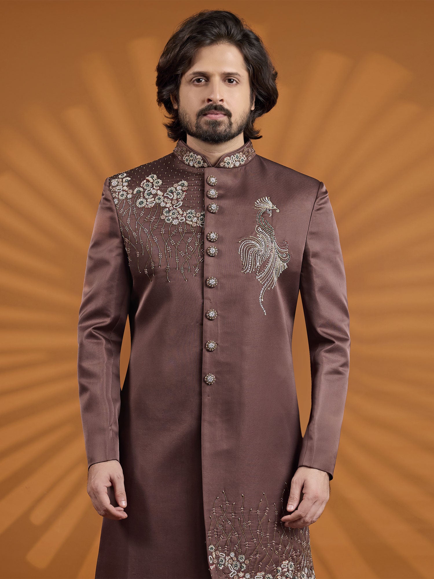 Brown Heavy Floral Embroidered Sherwani
