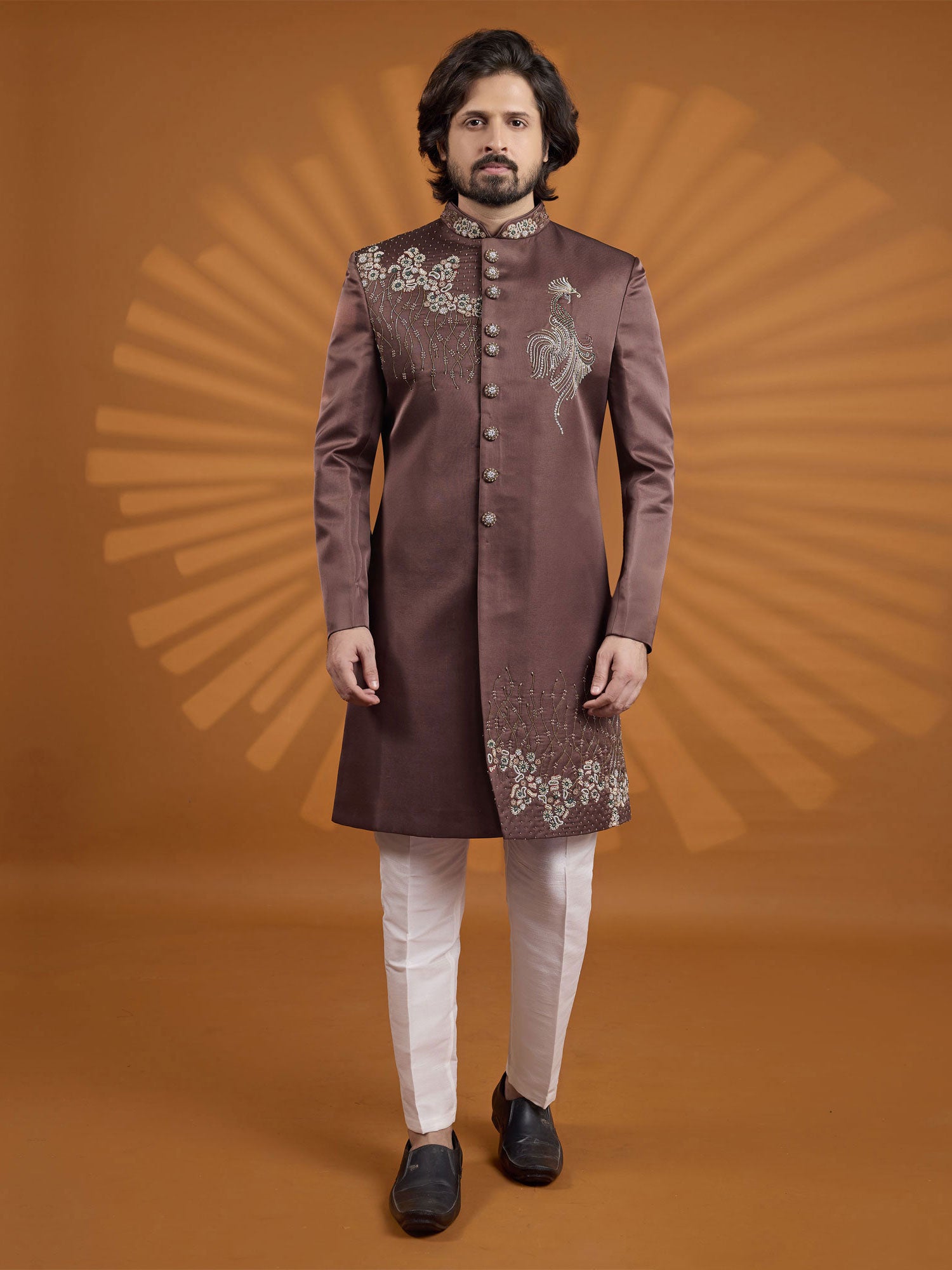 Brown Heavy Floral Embroidered Sherwani