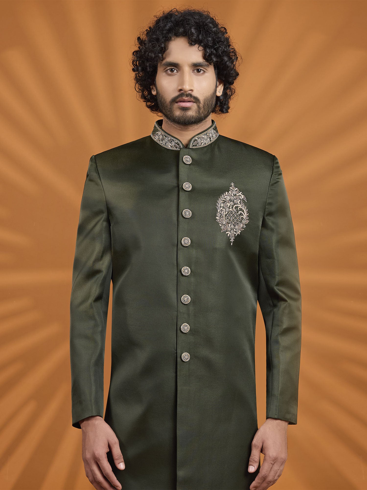 Green Art Silk Sherwani In Floral Work