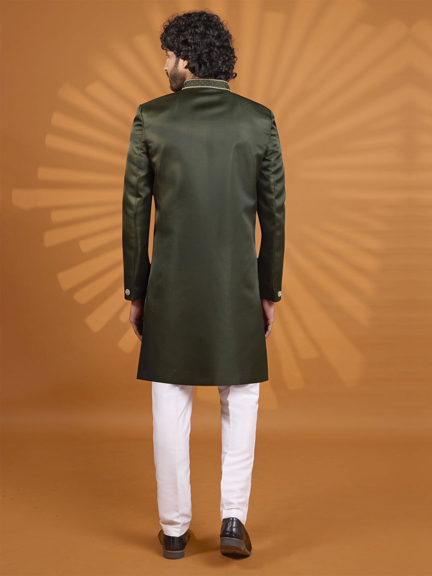 Green Art Silk Sherwani In Floral Work