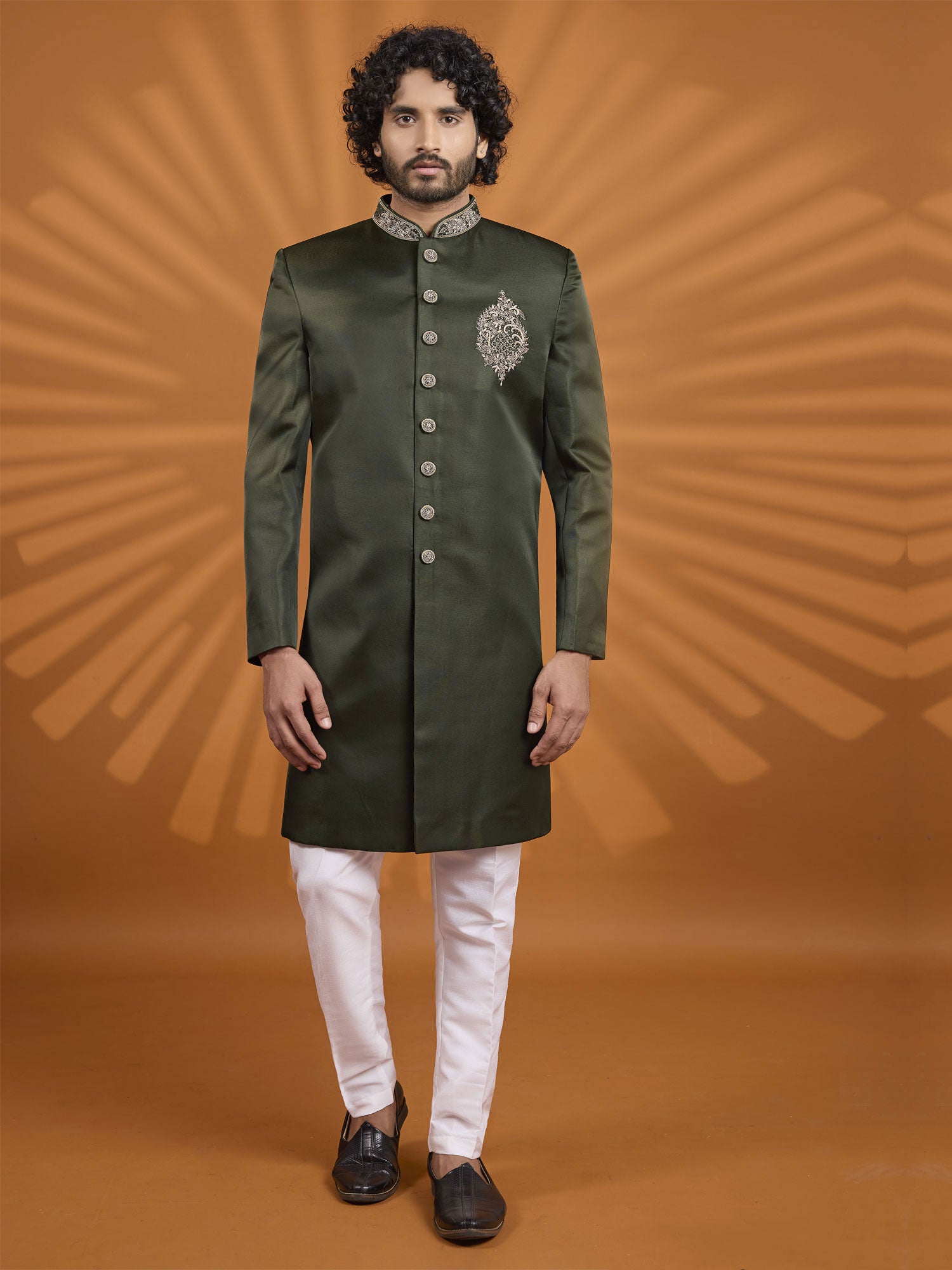 Green Art Silk Sherwani In Floral Work