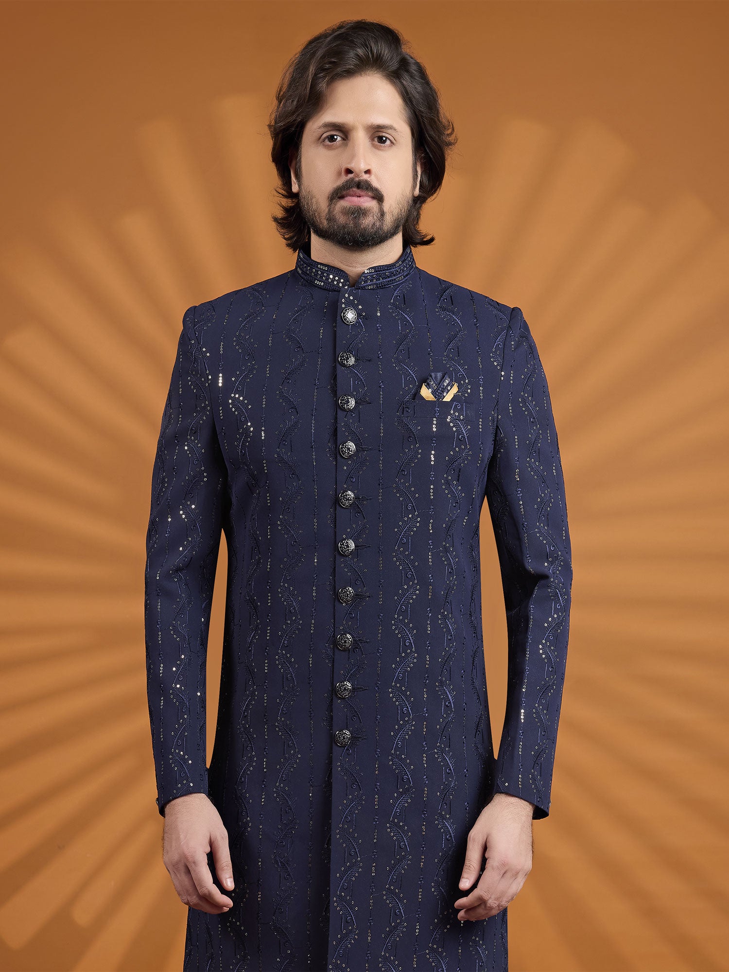 Dark Blue Sequins Work Sherwani Set