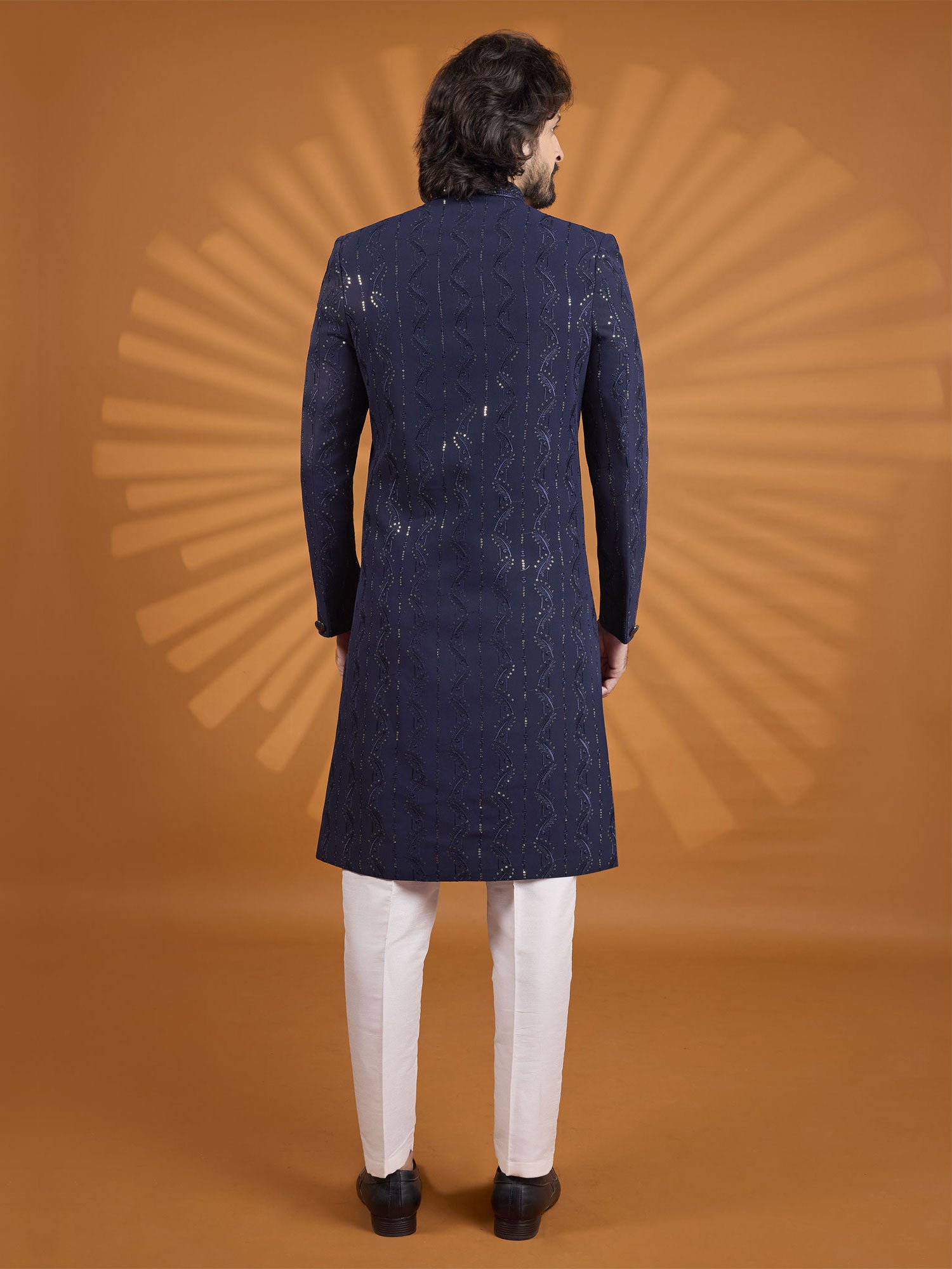 Dark Blue Sequins Work Sherwani Set