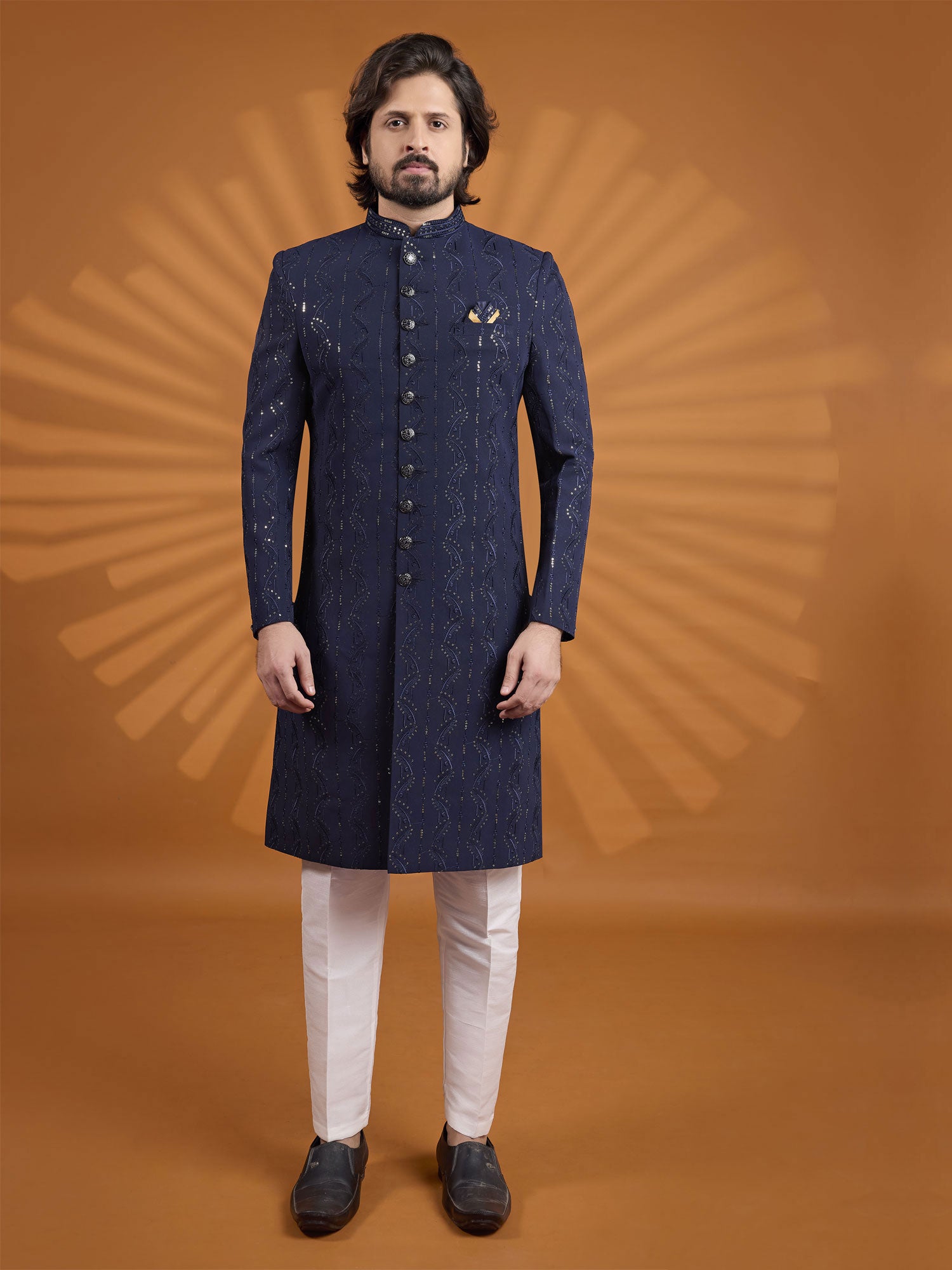 Dark Blue Sequins Work Sherwani Set