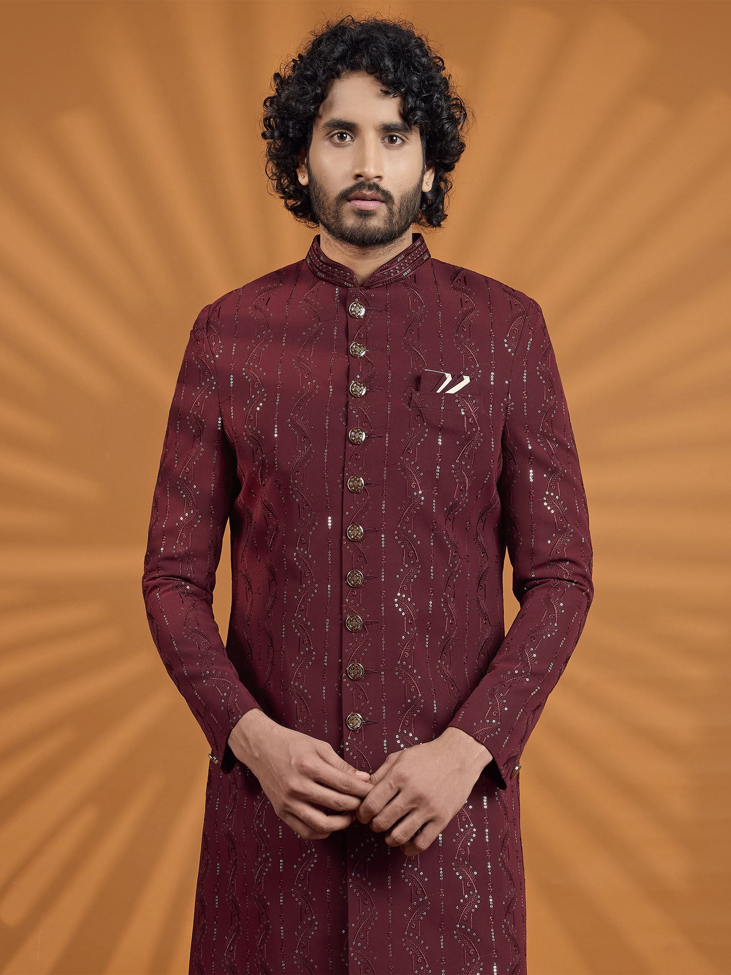 Maroon Men's Sherwani In Sequins Embellishment