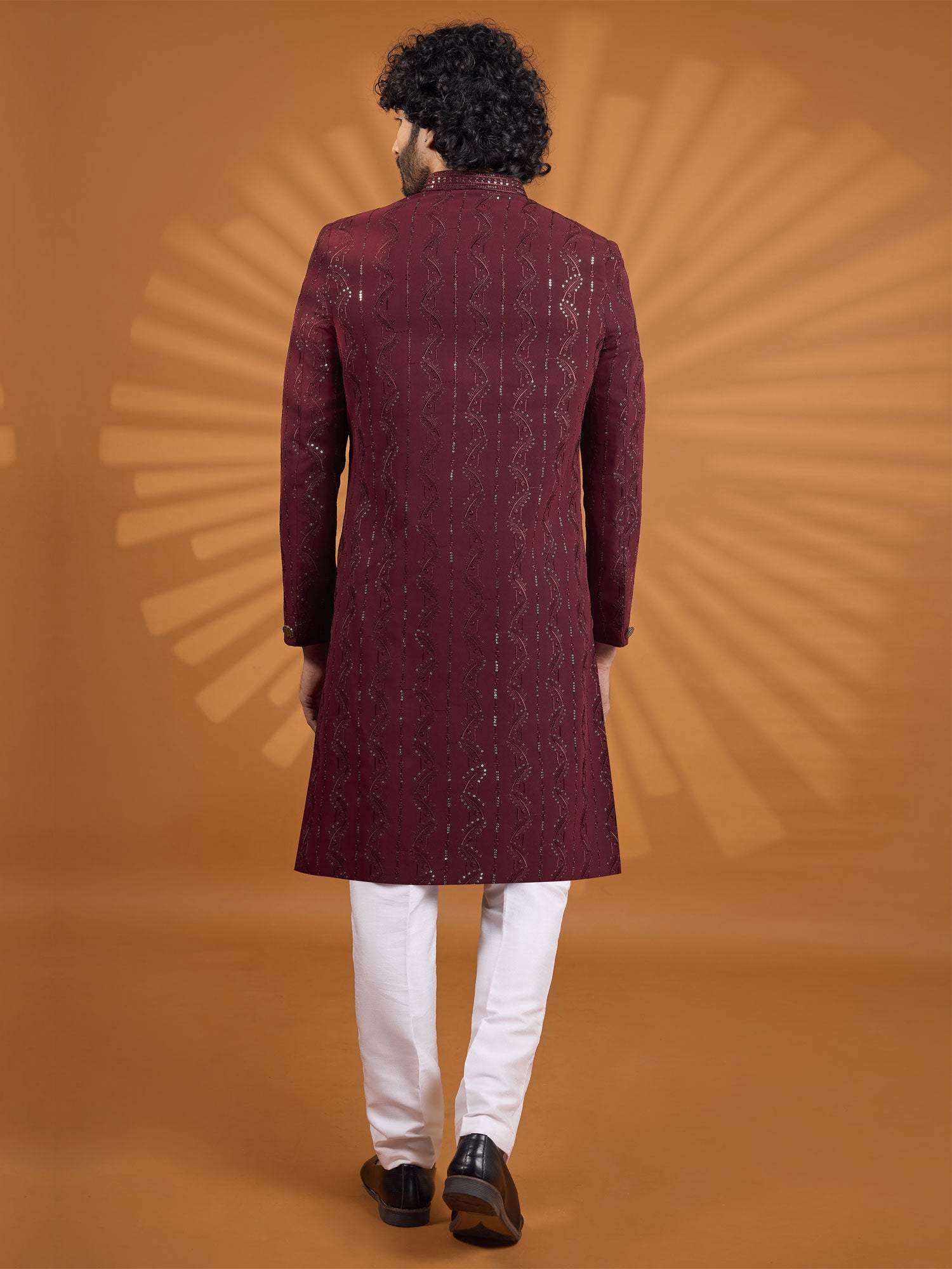 Maroon Men's Sherwani In Sequins Embellishment