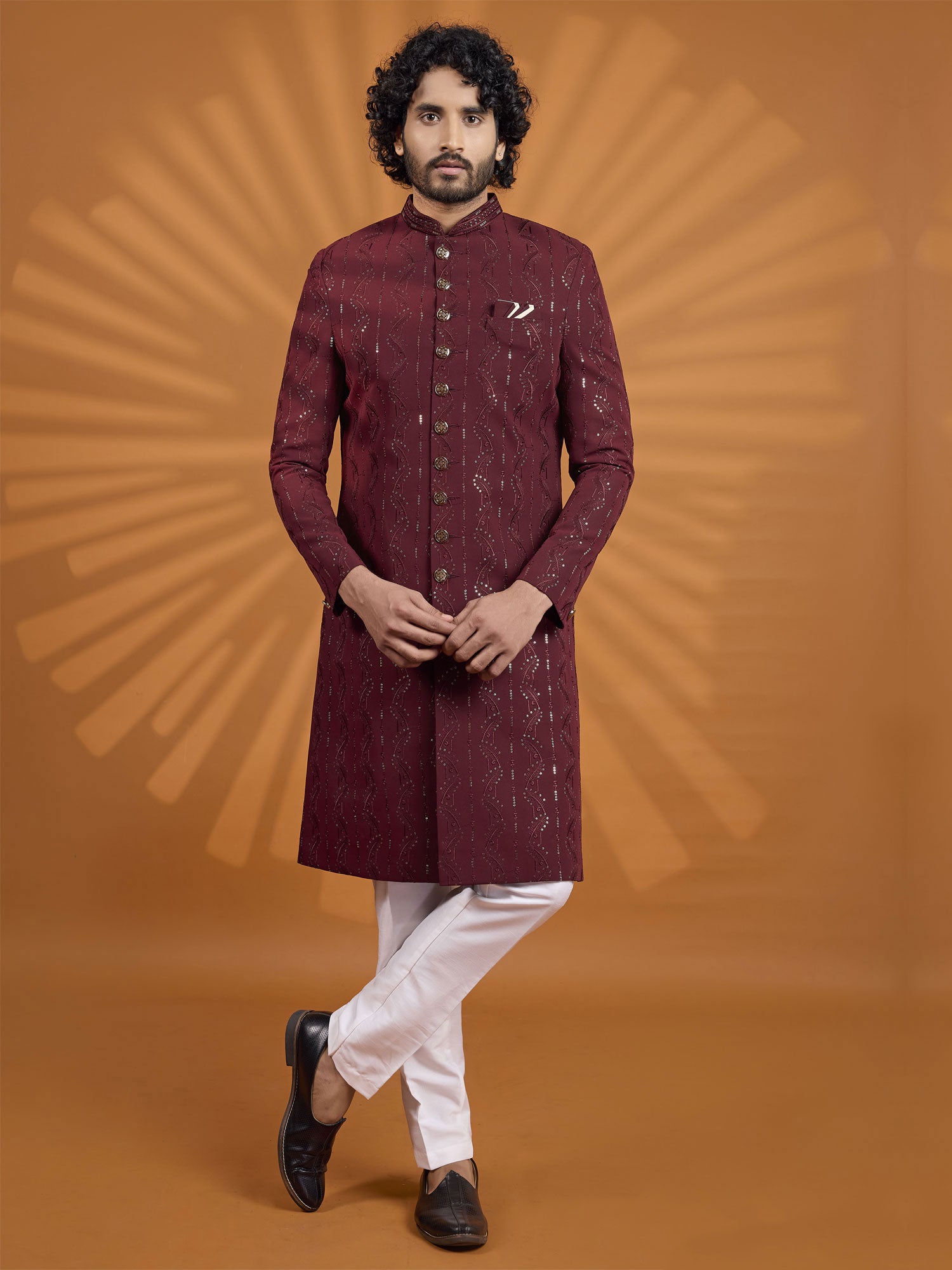 Maroon Men's Sherwani In Sequins Embellishment