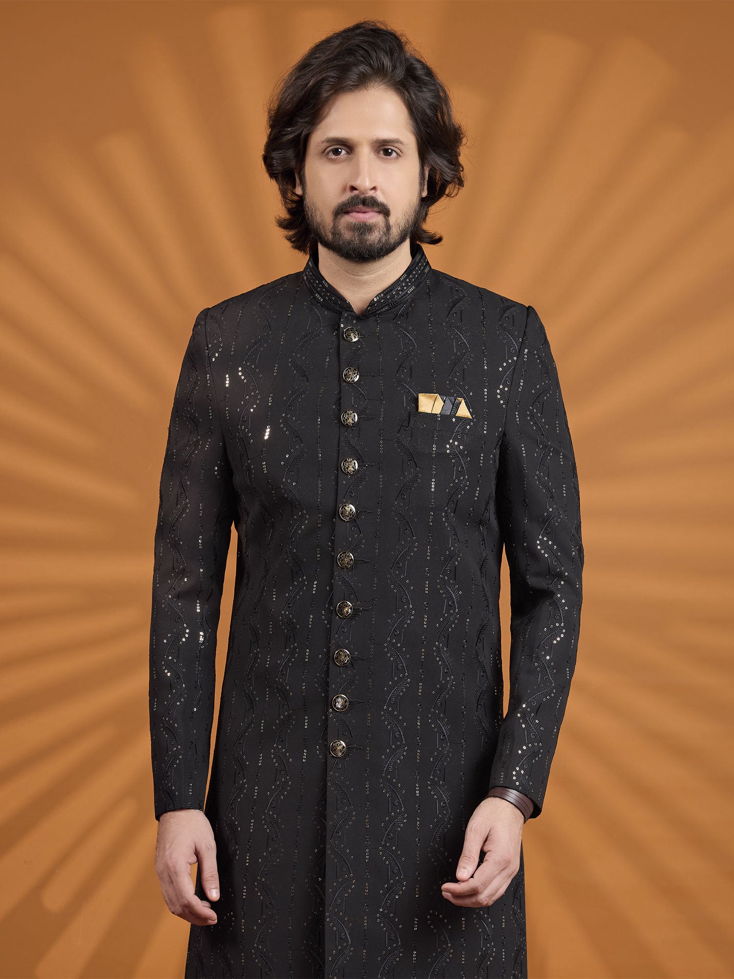 Black Menswear Wedding Sherwani Set For Mens