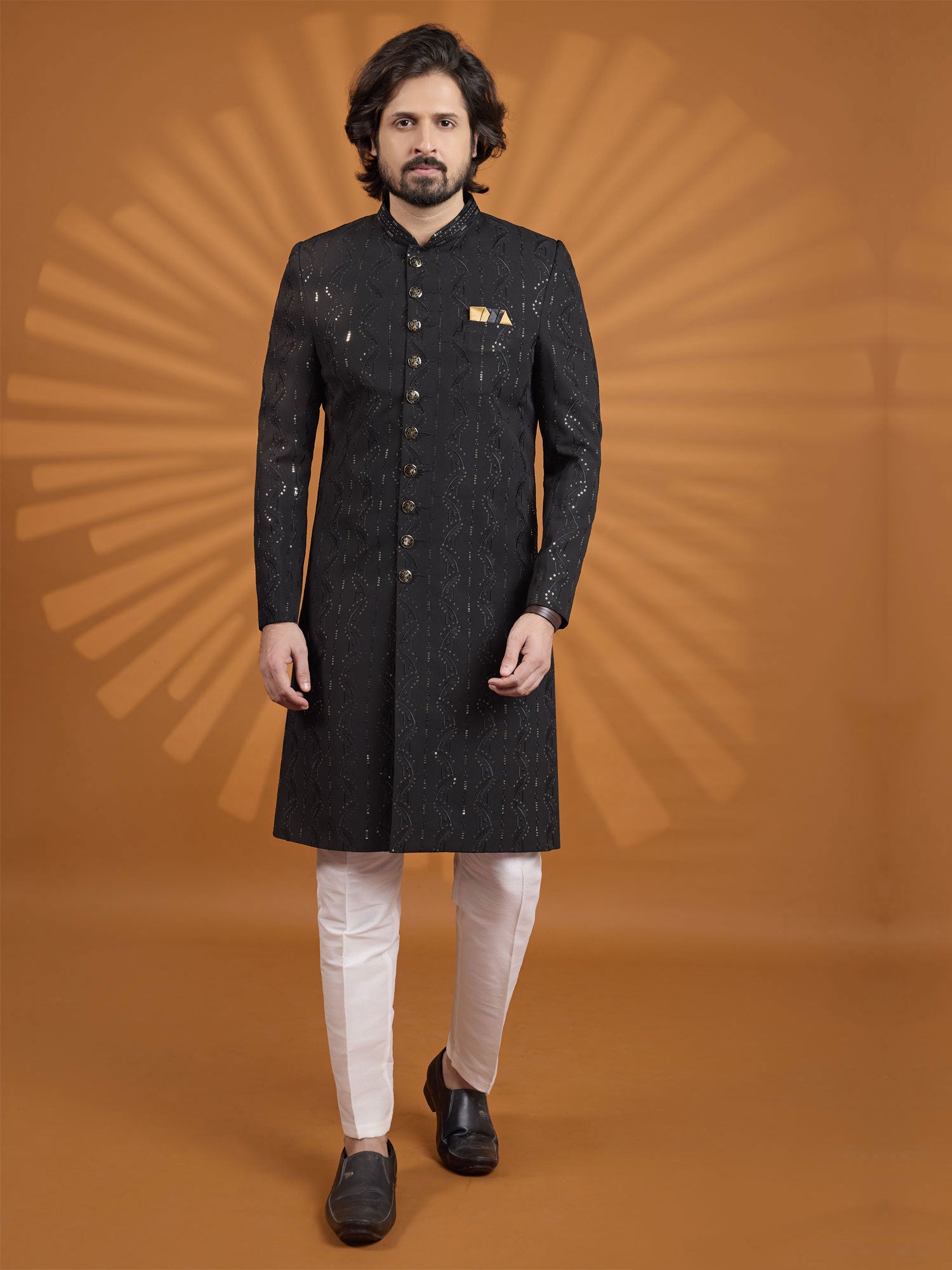 Black Menswear Wedding Sherwani Set For Mens