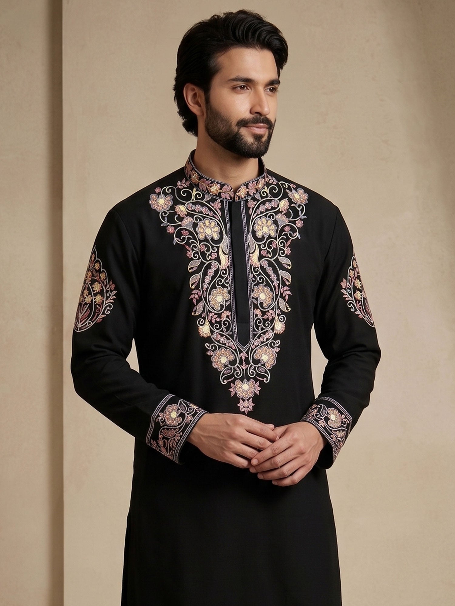 Black Floral Thread Work Readymade Kurta Set