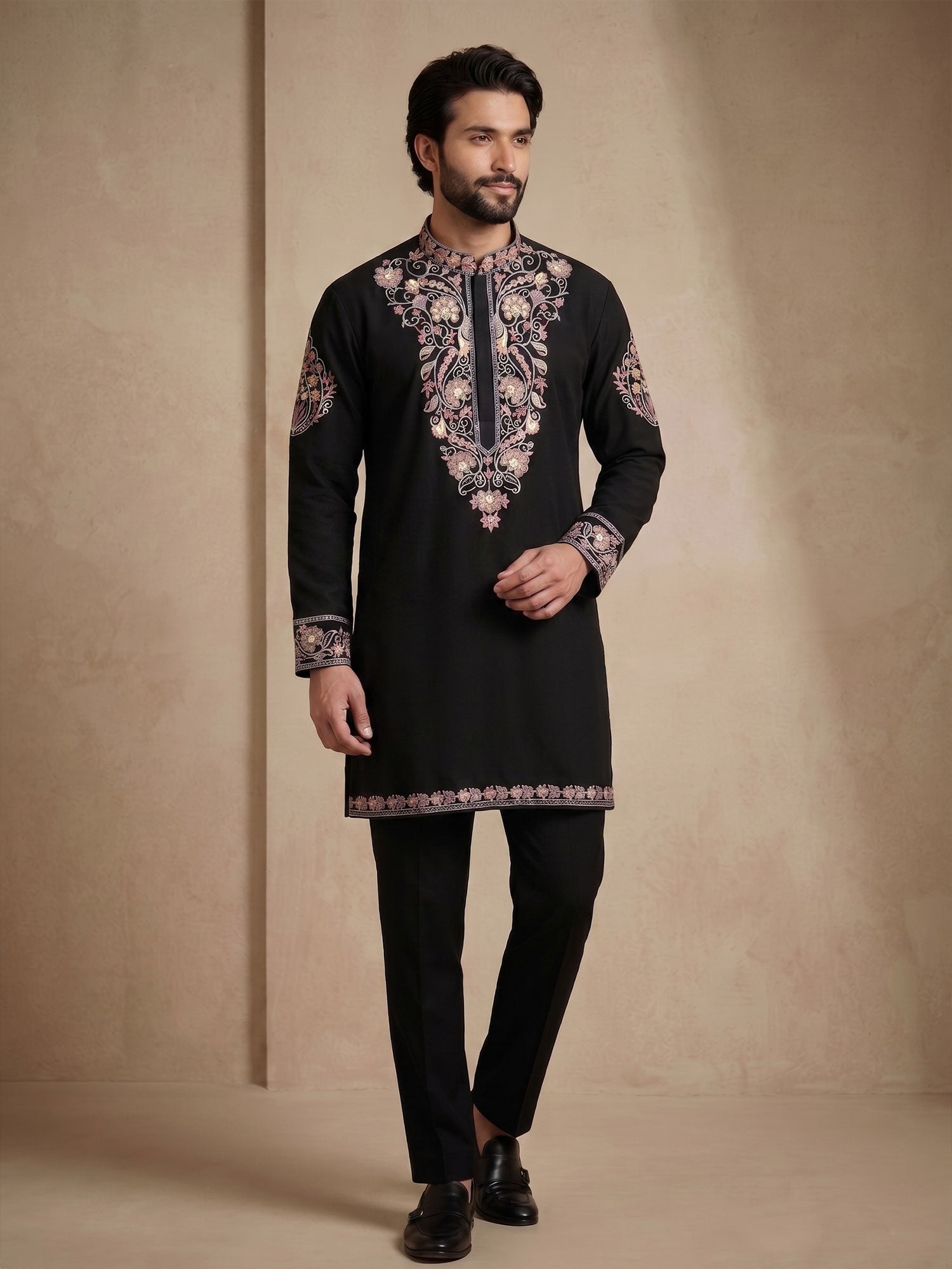 Black Floral Thread Work Readymade Kurta Set