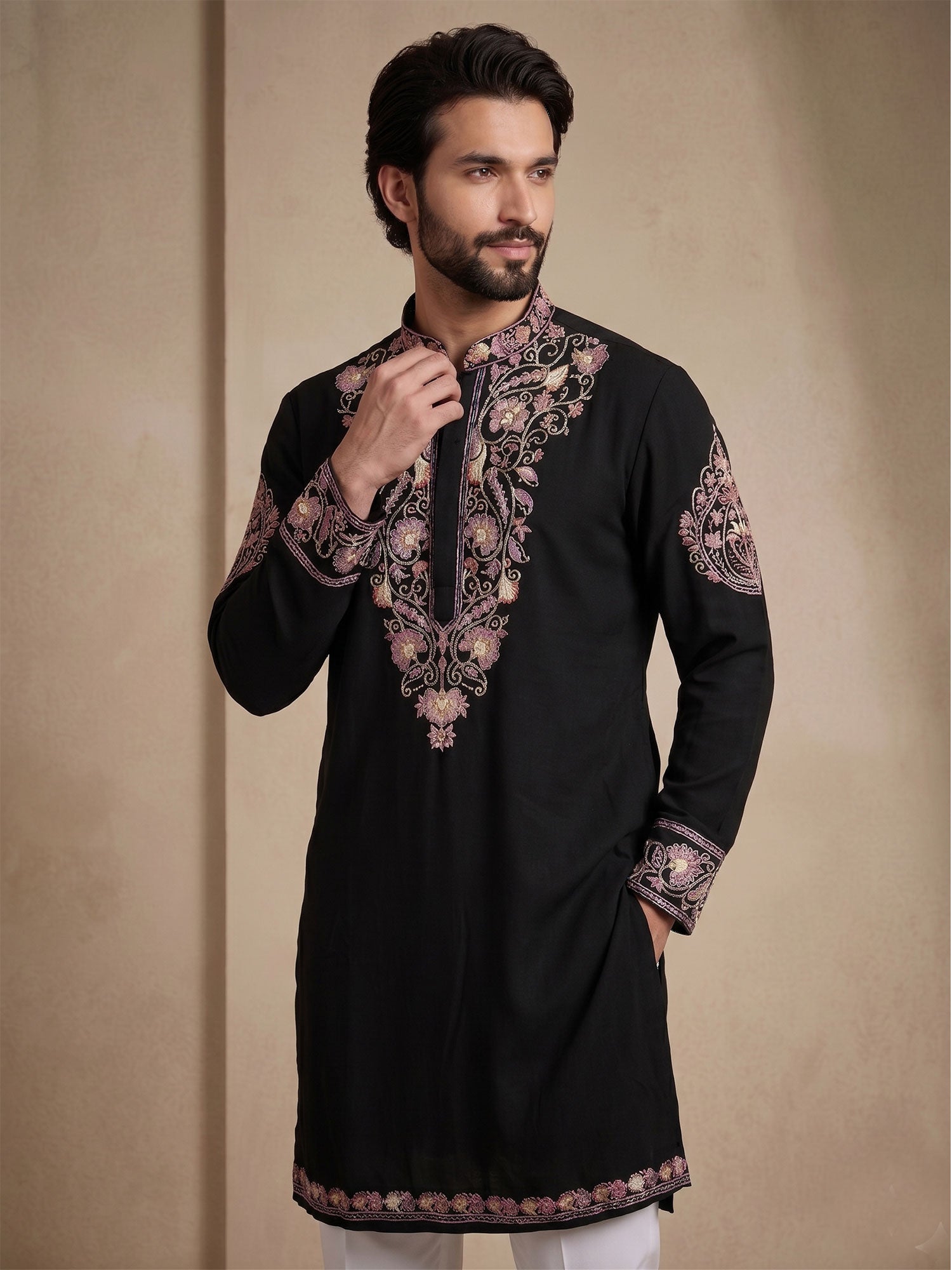Black Embroidered Kurta Pyjama In Cotton