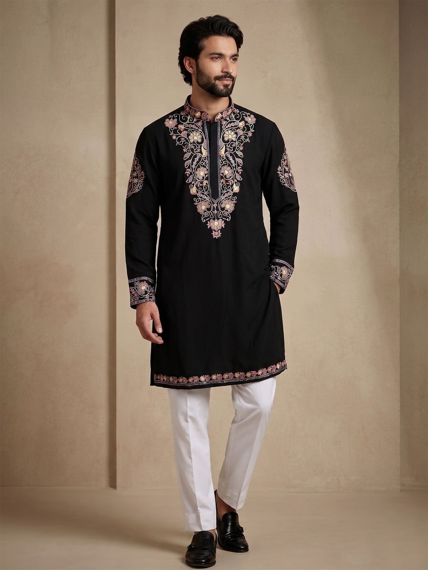 Black Embroidered Kurta Pyjama In Cotton
