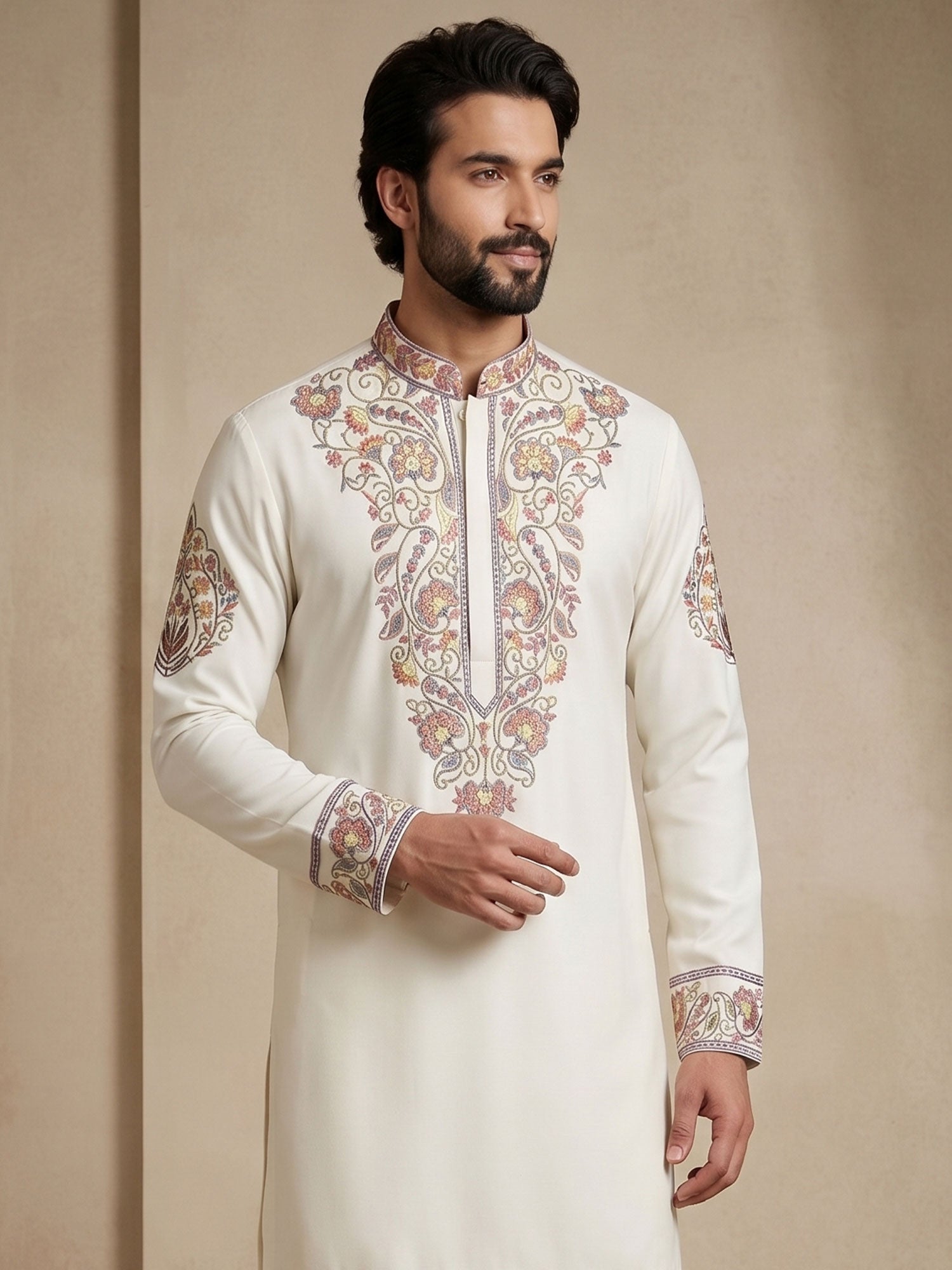 White Readymade Men's Kurta Set In Floral Work