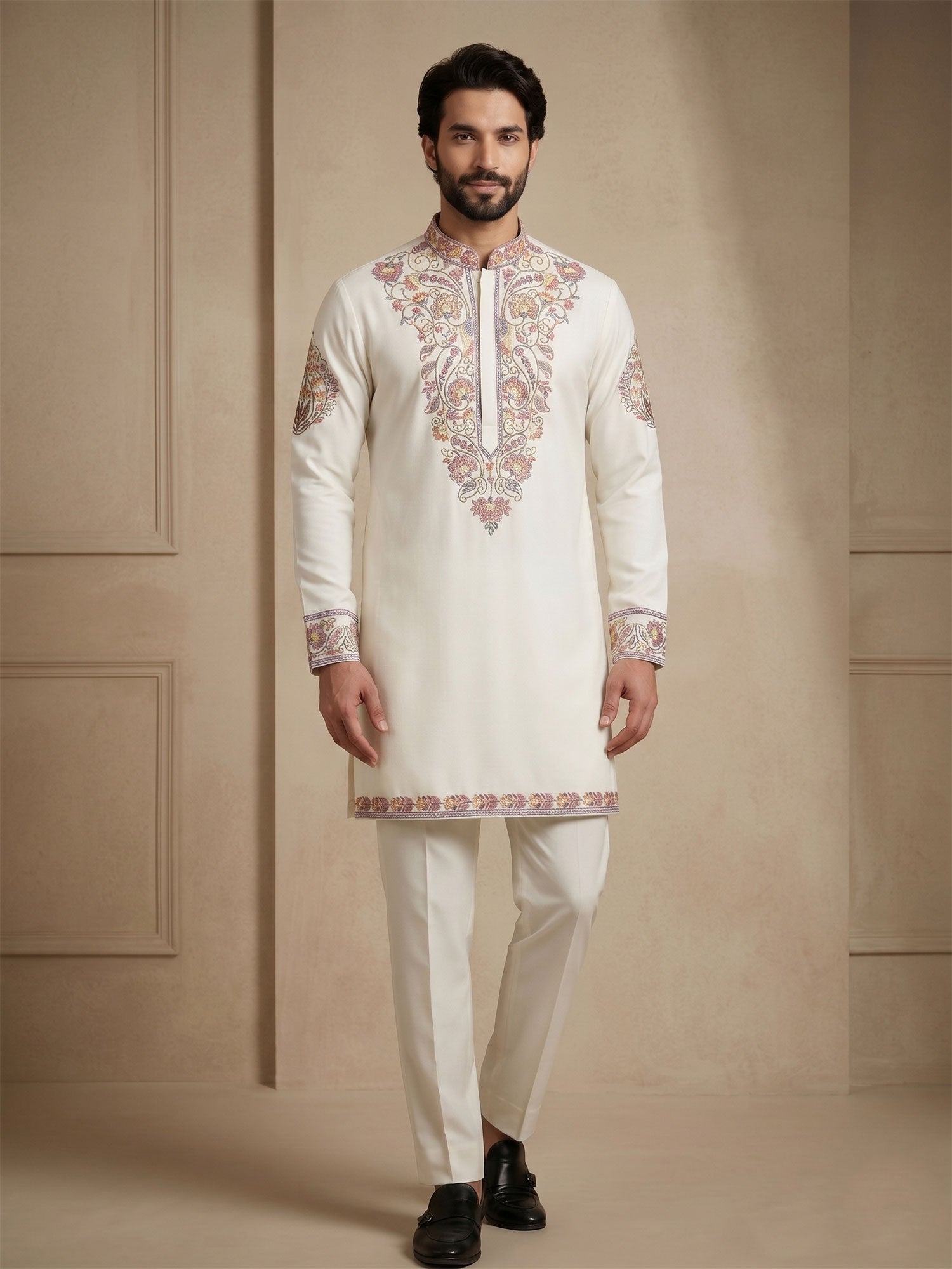 White Readymade Men's Kurta Set In Floral Work