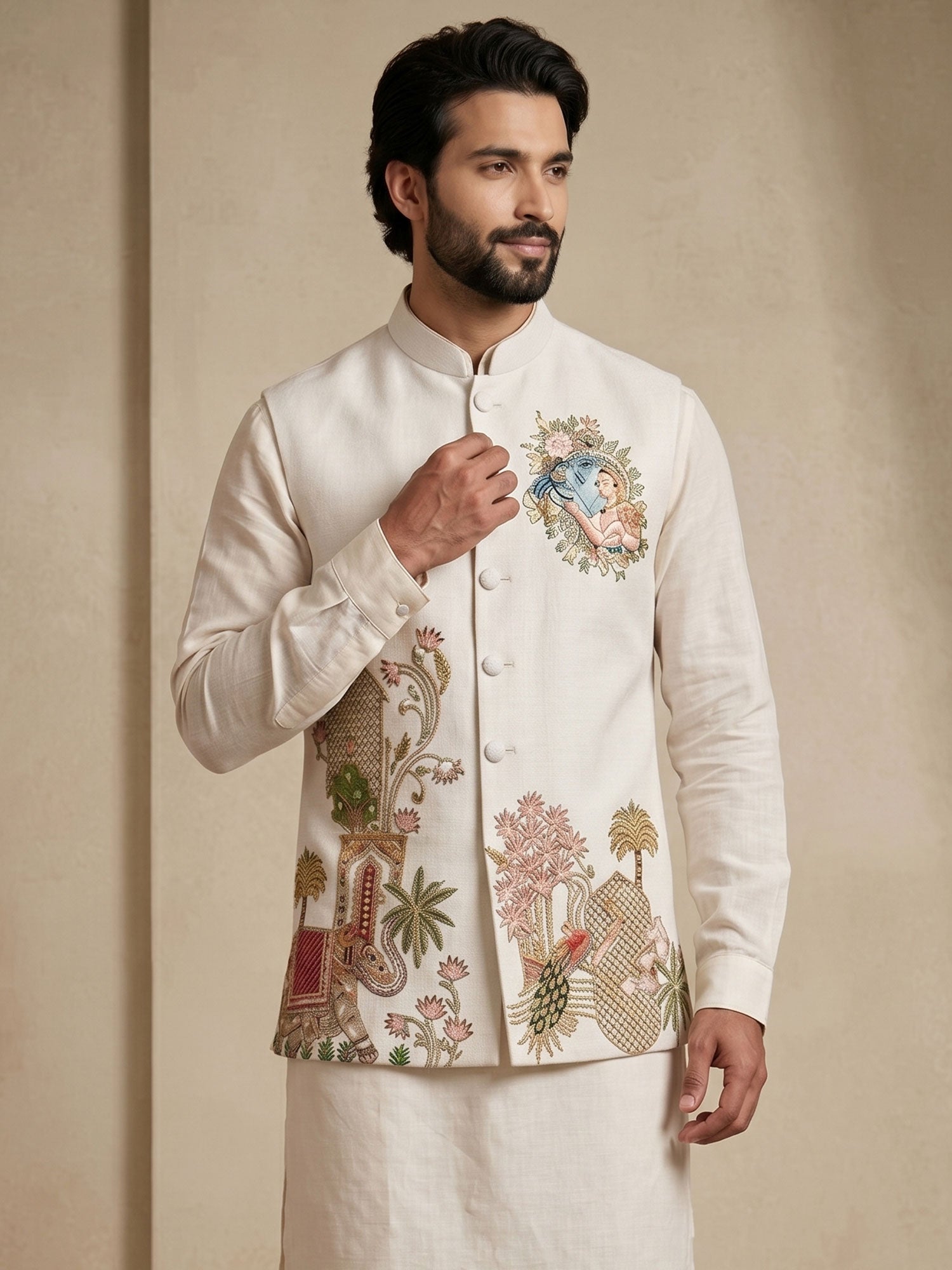 Off White Thread Work Kurta Set In Silk
