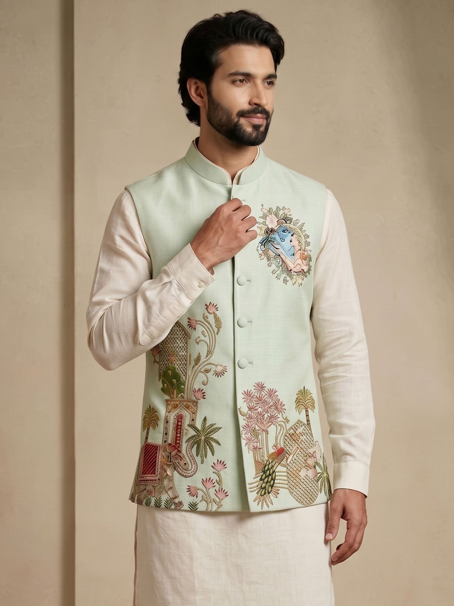 Off White Men's Kurta Set With Embroidered Jacket