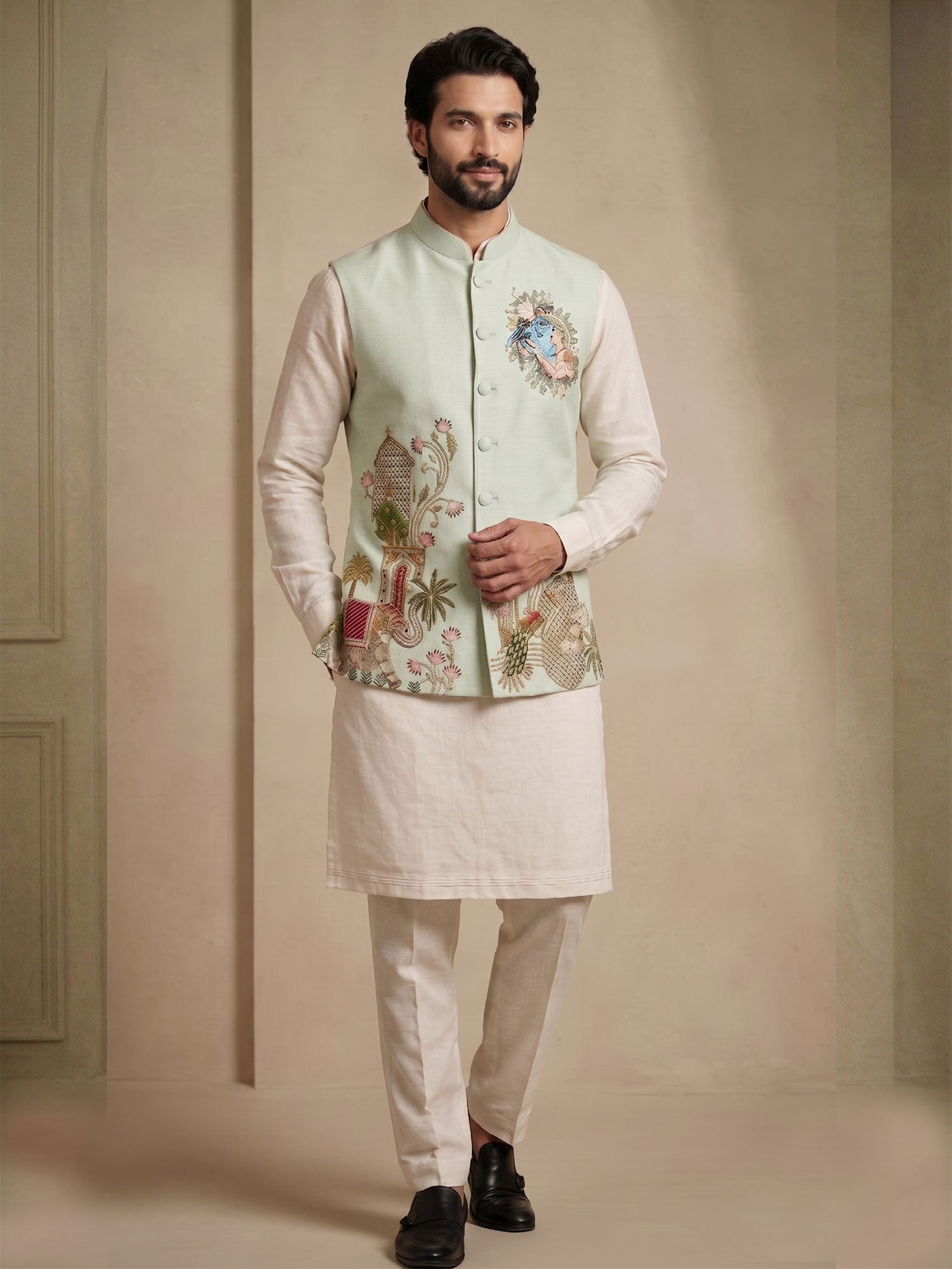 Off White Men's Kurta Set With Embroidered Jacket